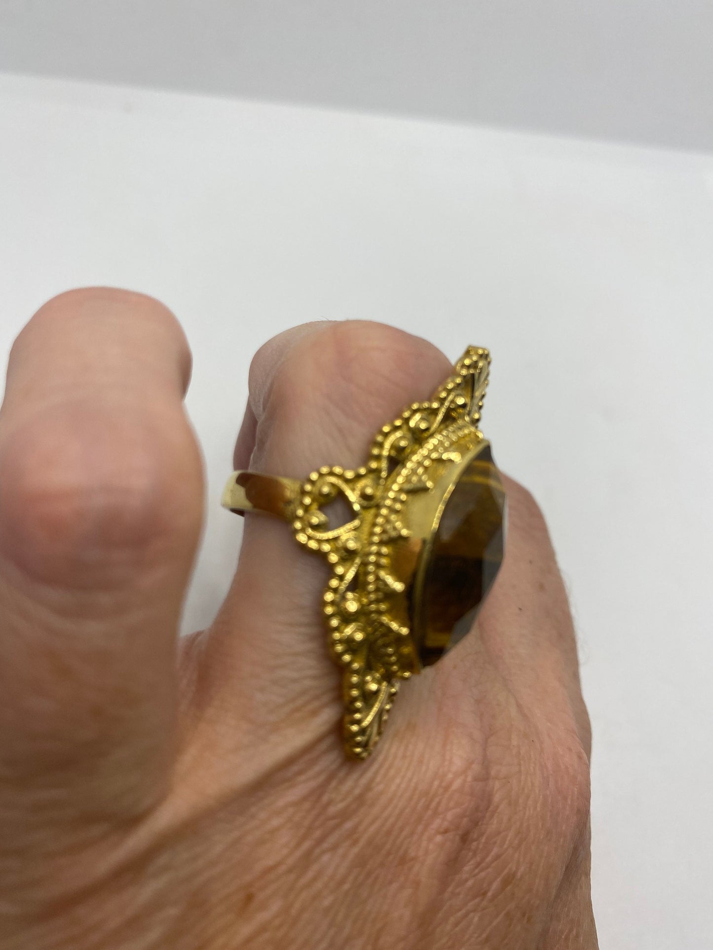 Vintage Tigers Eye Golden Brass Knuckle Ring