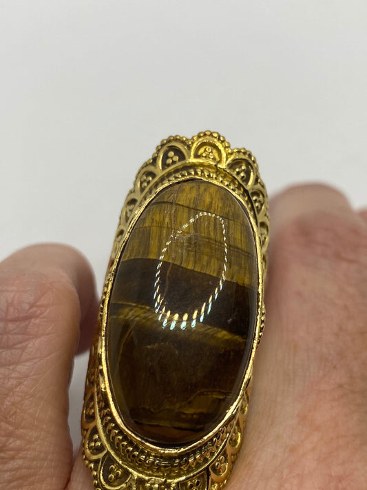 Vintage Tigers Eye Golden Brass Knuckle Adjustable Ring