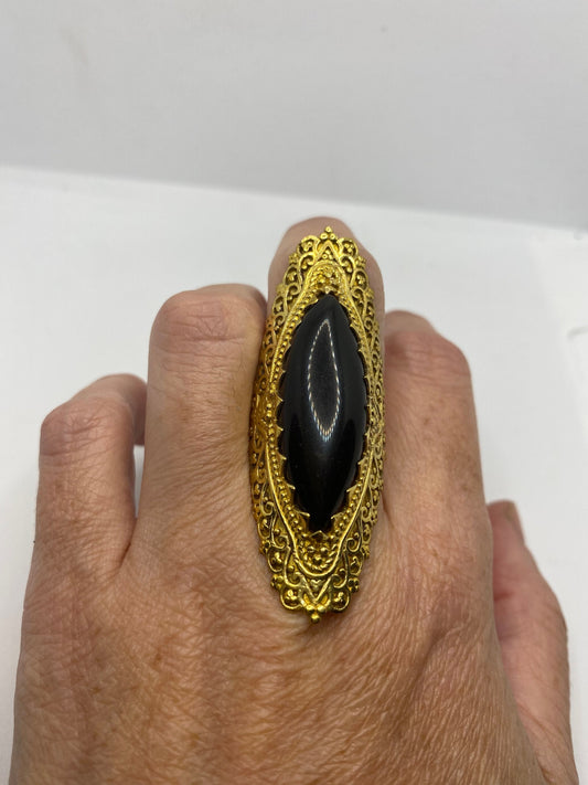 Vintage Black Onyx Golden Brass Size 7.75 Ring