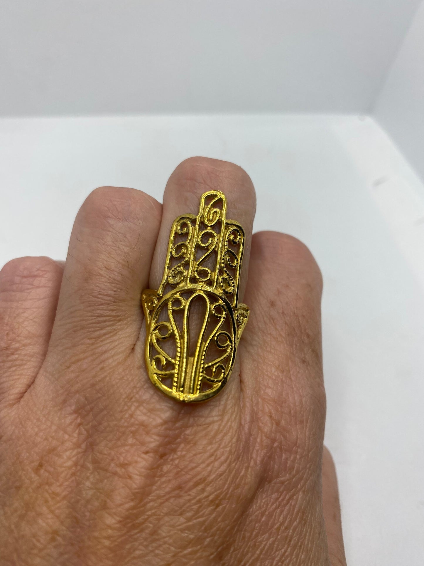 Vintage Hand of Fatima Filigree Brass Ring