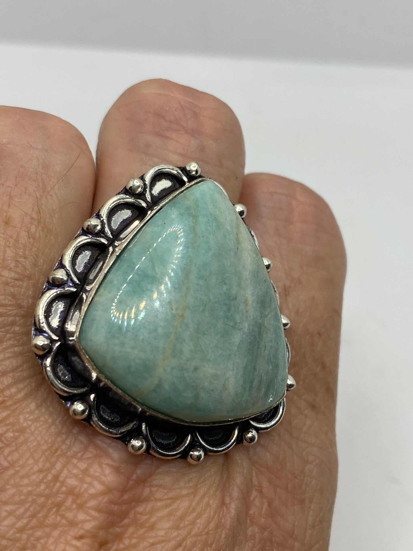 Vintage Green Amazonite Silver Ring Size 7.75