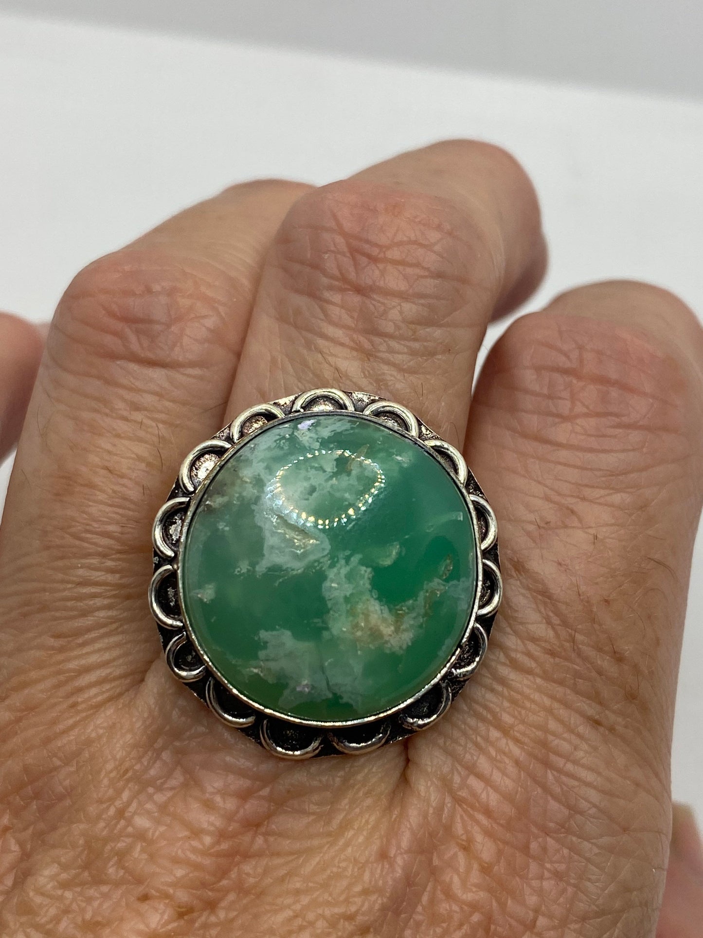 Vintage Green Amazonite Silver Ring Size 8.5