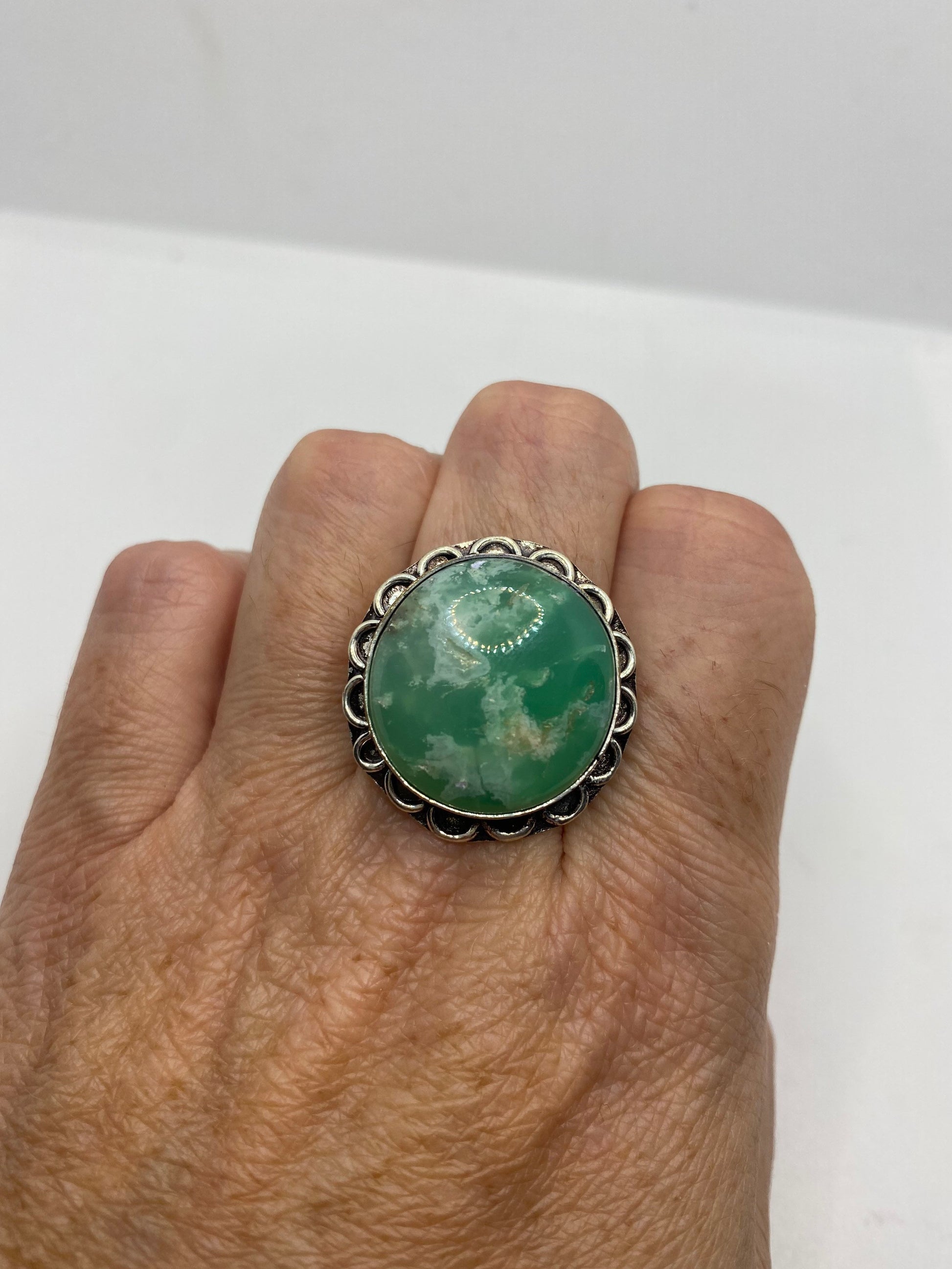 Vintage Green Amazonite Silver Ring Size 8.5