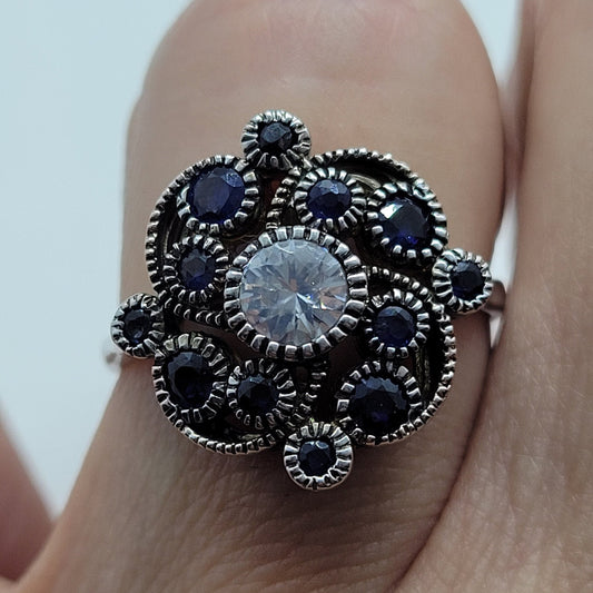 Vintage White Sapphire and Blue Sapphire Ring in 925 Sterling Silver