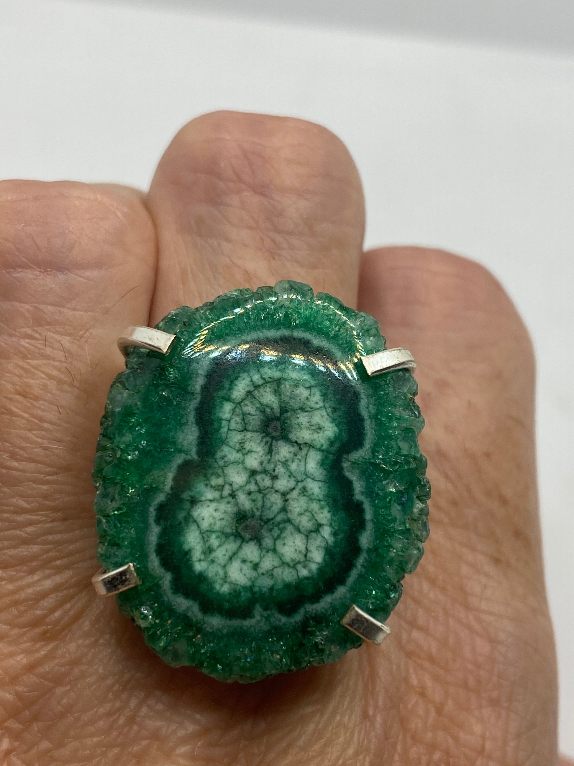 Vintage Green Chrome Diopside Druzy Geode Ring