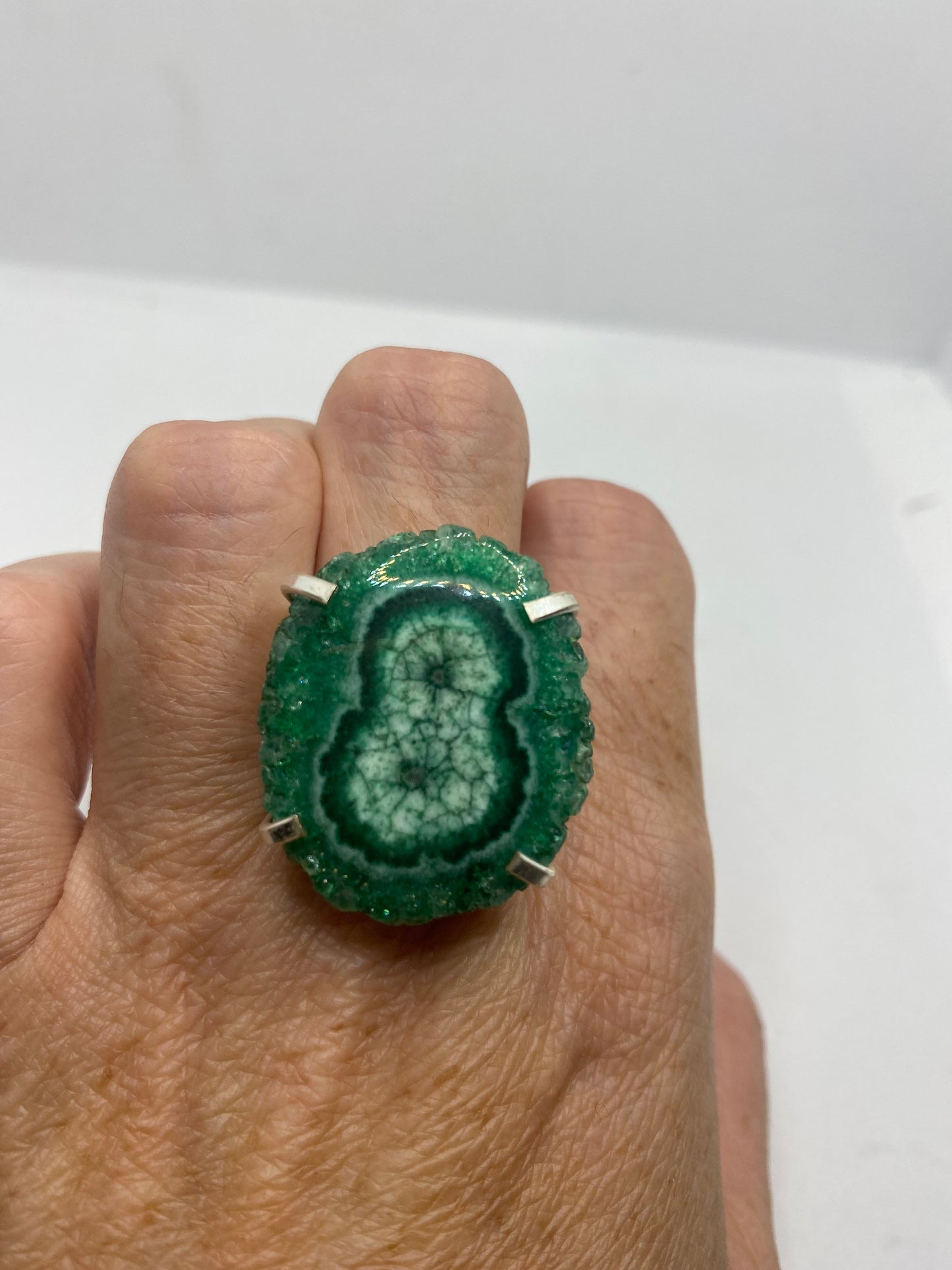 Vintage Green Chrome Diopside Druzy Geode Ring