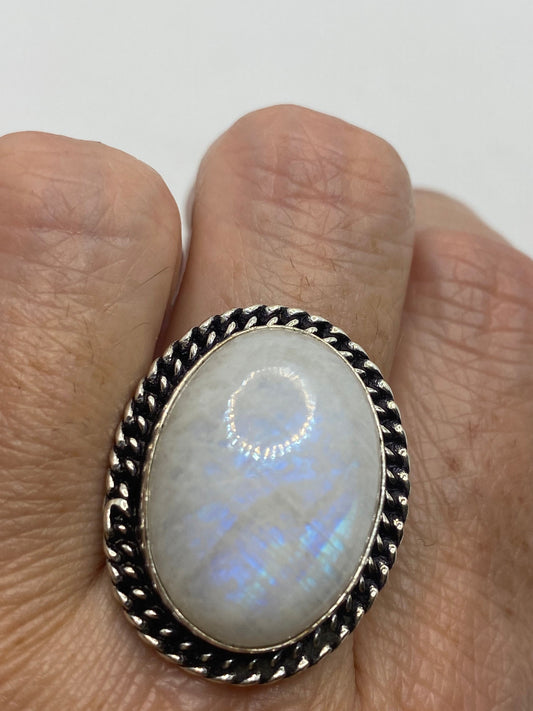 Vintage Genuine Blue White Rainbow Moonstone Ring