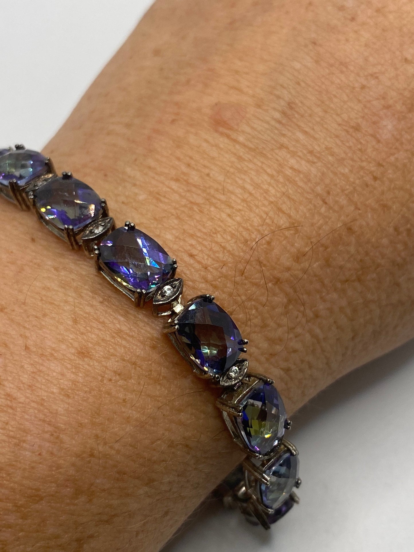 Vintage Mystic Blue Topaz 925 Sterling Silver Tennis Bracelet