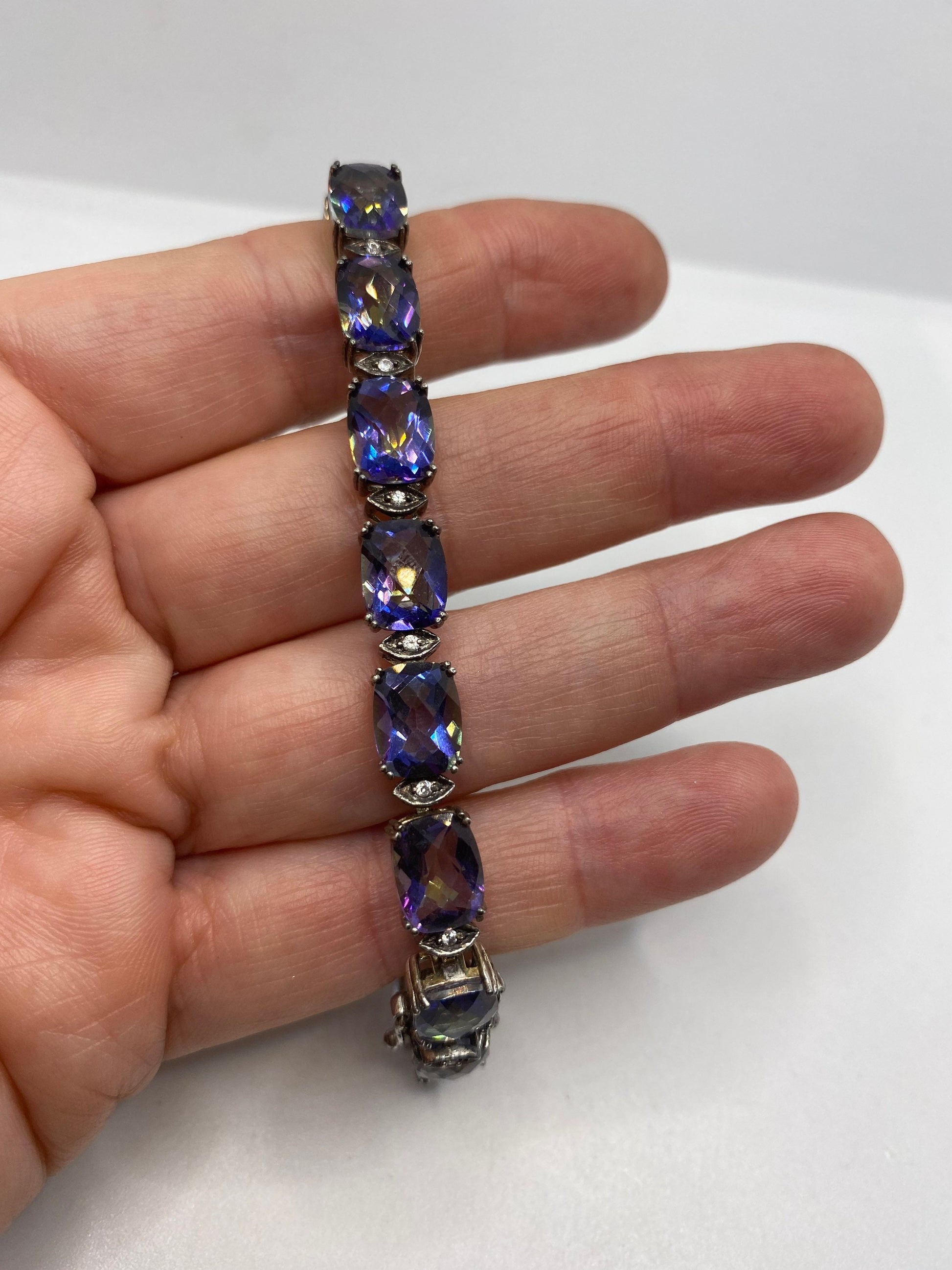 Vintage Mystic Blue Topaz 925 Sterling Silver Tennis Bracelet