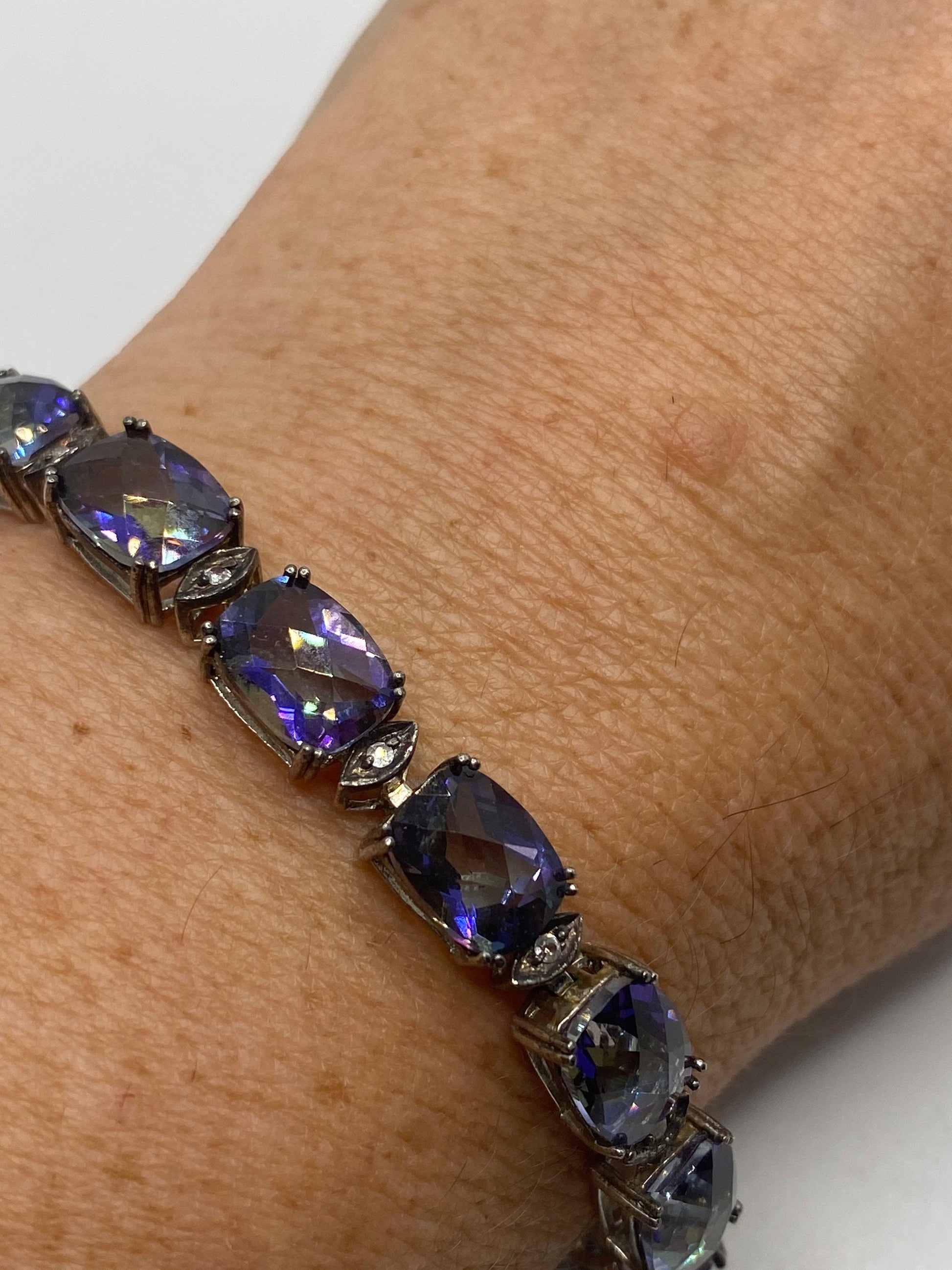 Vintage Mystic Blue Topaz 925 Sterling Silver Tennis Bracelet