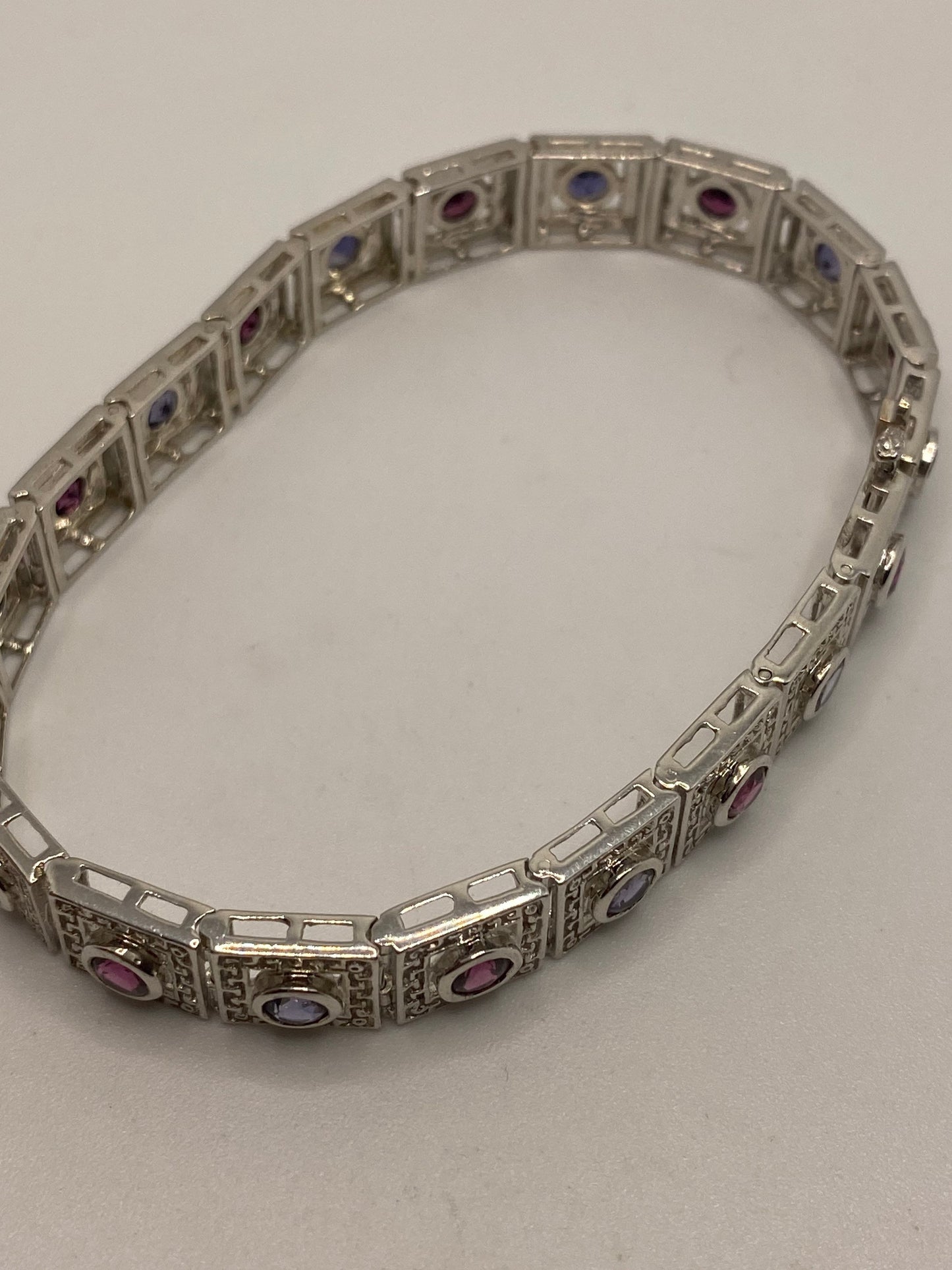 Vintage Blue Iolite Red Tourmaline 925 Sterling Silver Tennis Bracelet