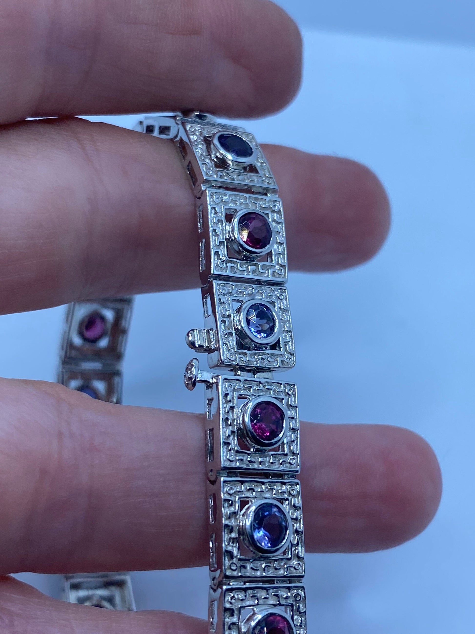 Vintage Blue Iolite Red Tourmaline 925 Sterling Silver Tennis Bracelet