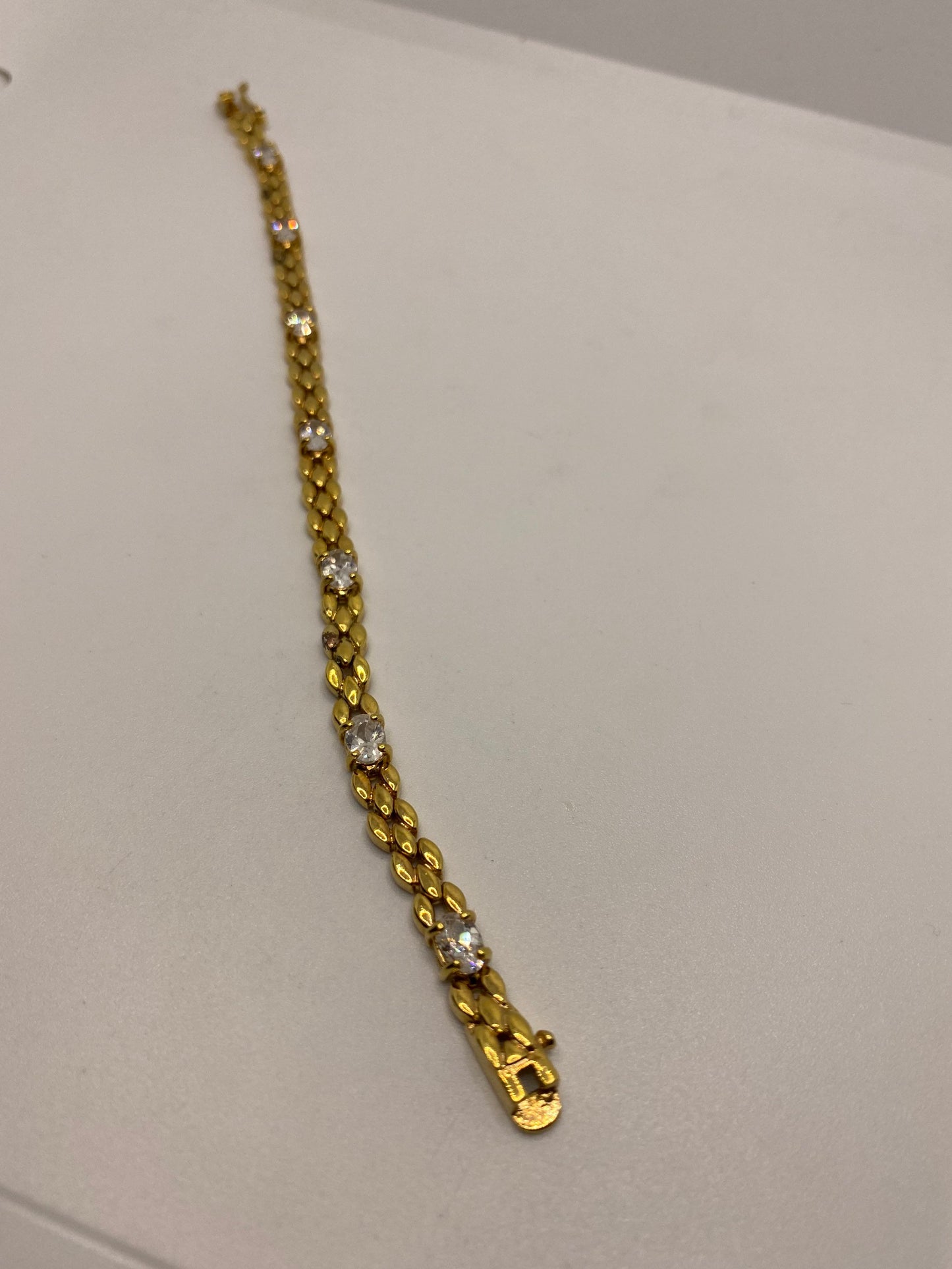 Vintage White Sapphires Gold Finished Deco 925 Sterling Silver Tennis Bracelet