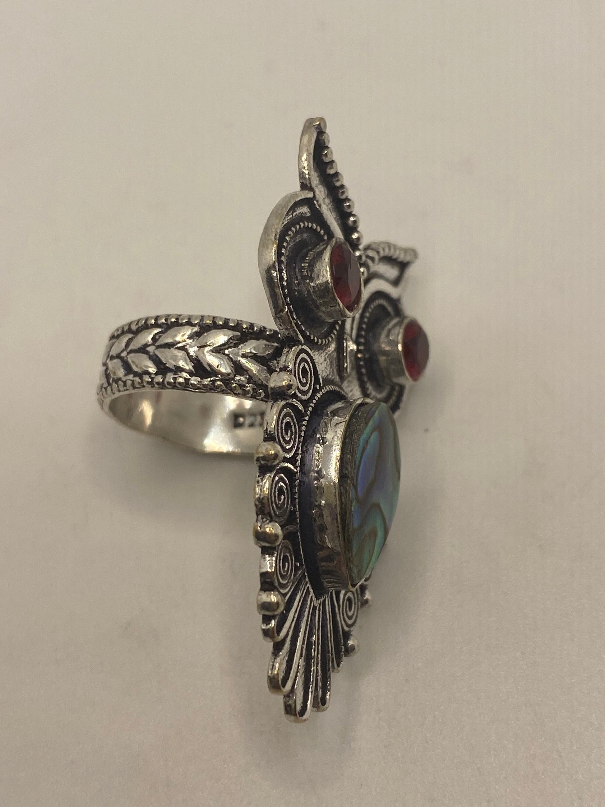 Antique Green Abalone White Bronze Silver owl Ring