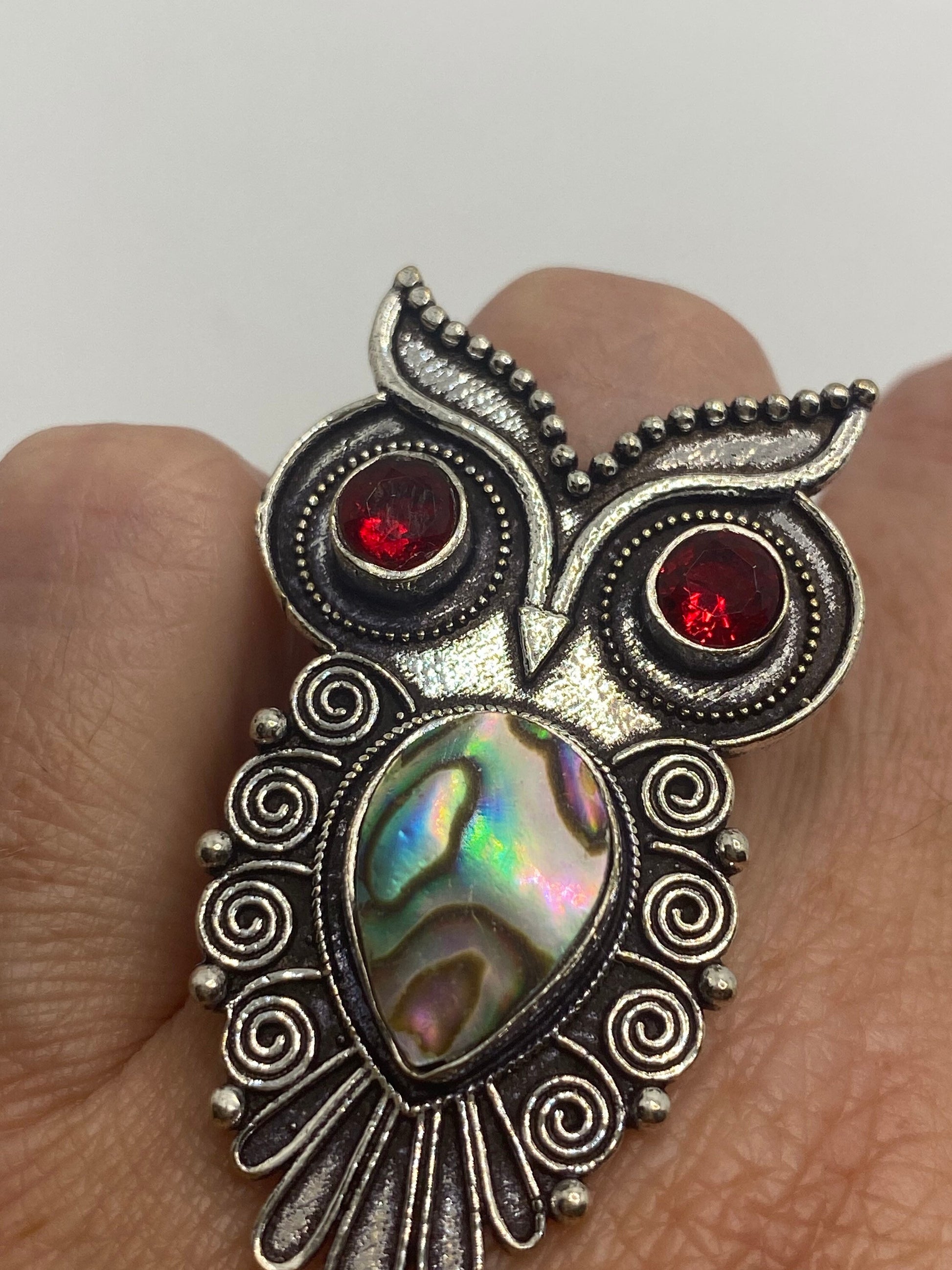 Antique Green Abalone White Bronze Silver owl Ring