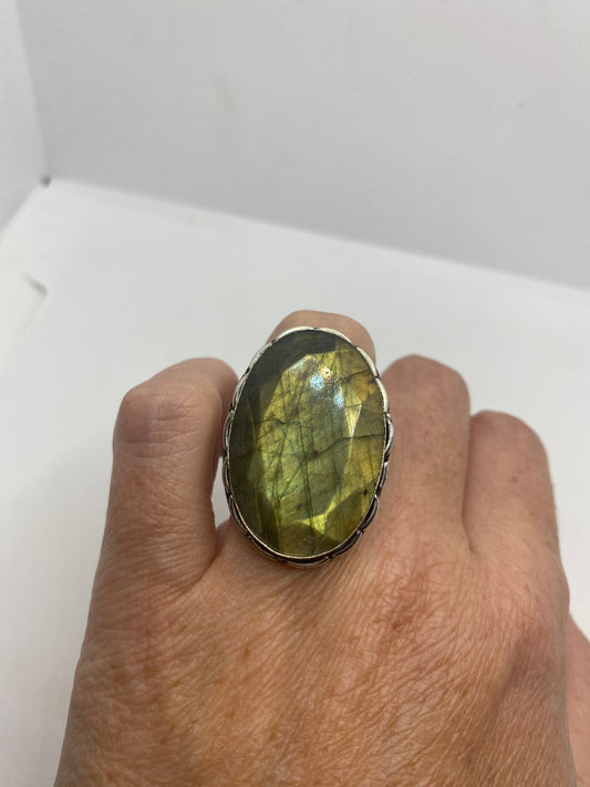 Vintage Green Rainbow Labradorite Silver Statement Ring