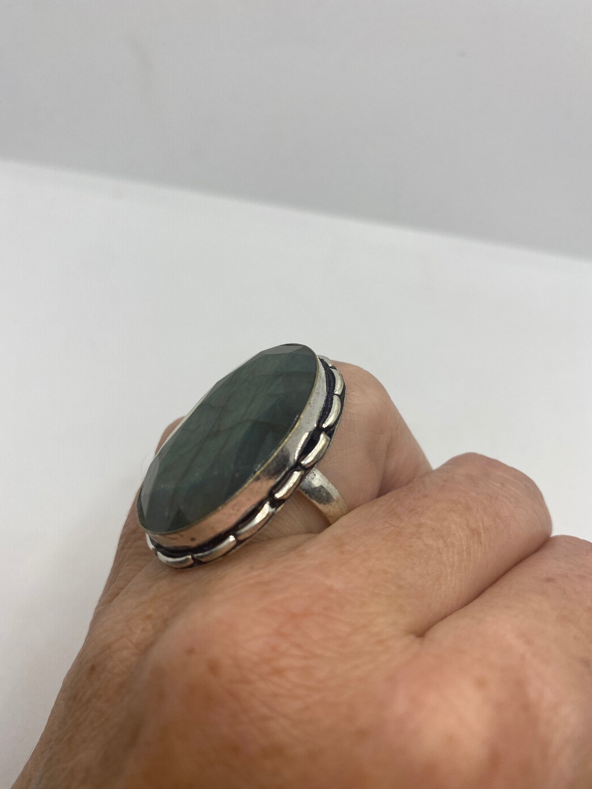 Vintage Green Rainbow Labradorite Silver Statement Ring