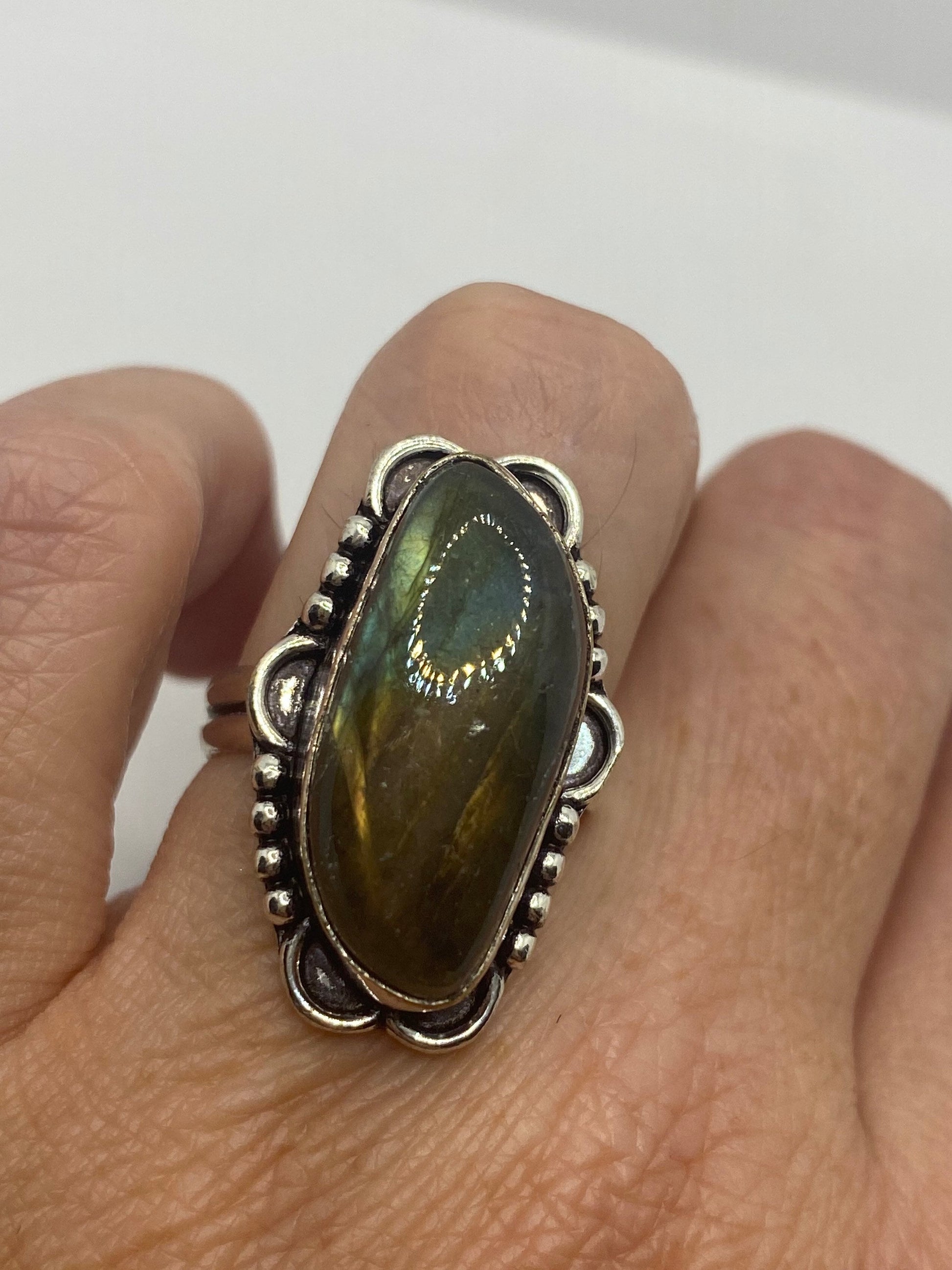 Vintage Green Rainbow Labradorite Silver Statement Ring