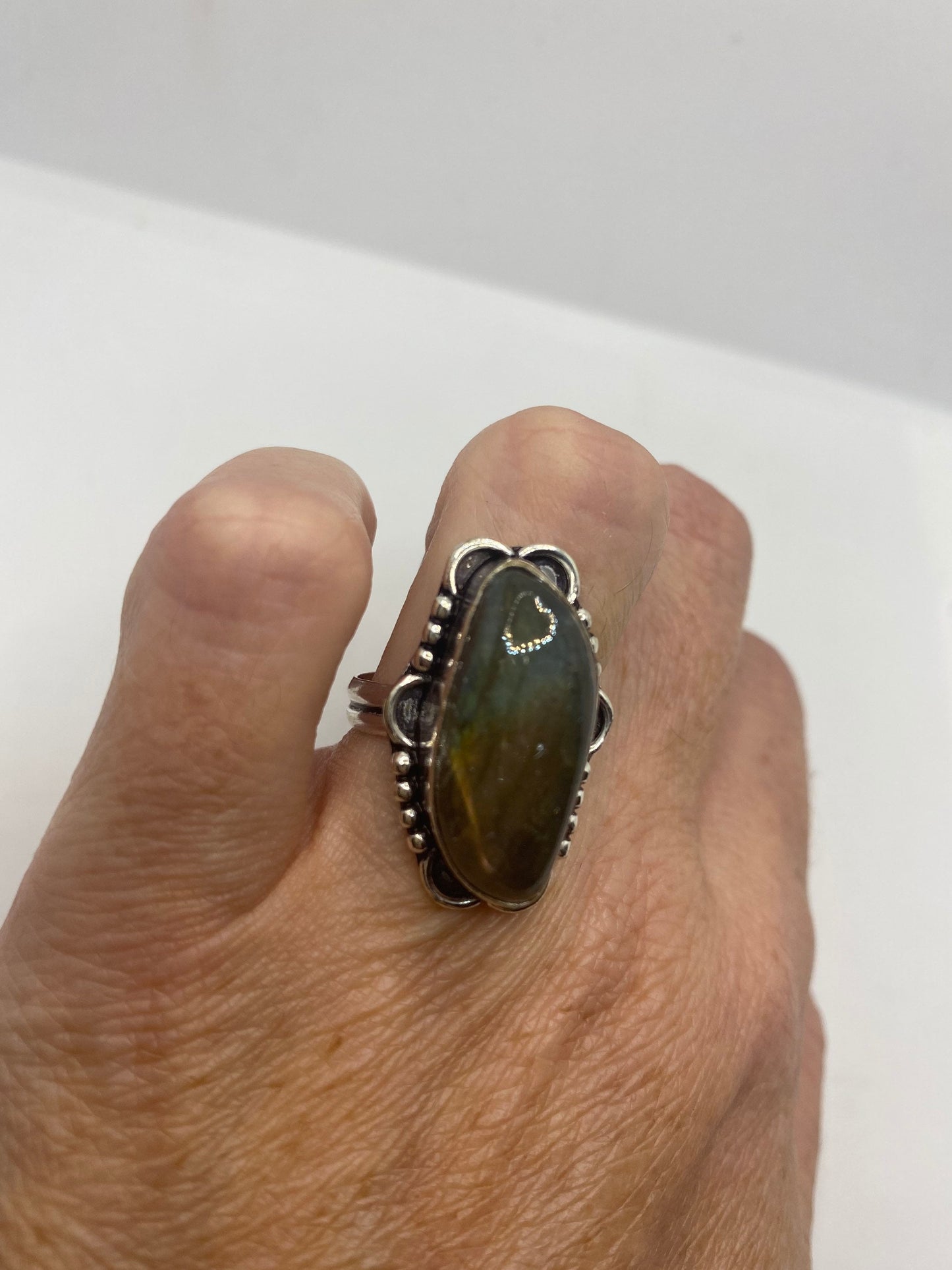 Vintage Green Rainbow Labradorite Silver Statement Ring