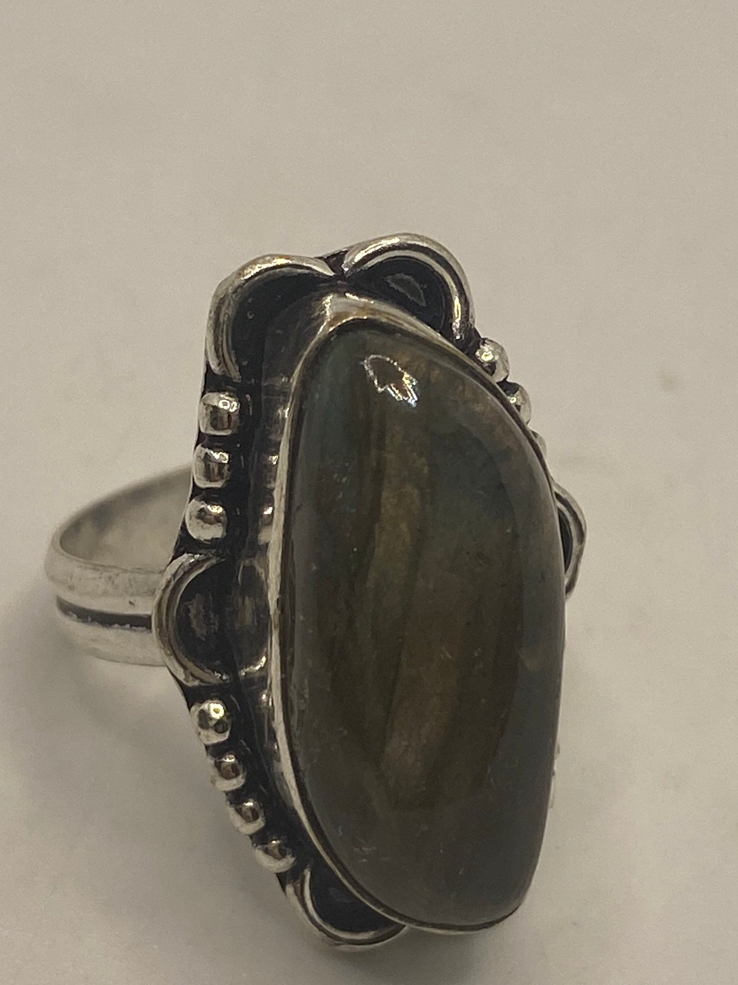 Vintage Green Rainbow Labradorite Silver Statement Ring