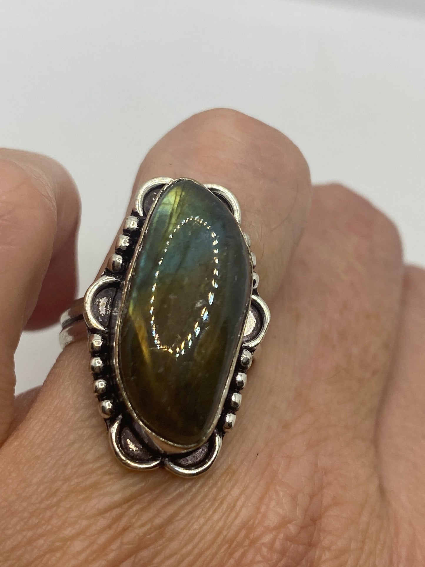 Vintage Green Rainbow Labradorite Silver Statement Ring