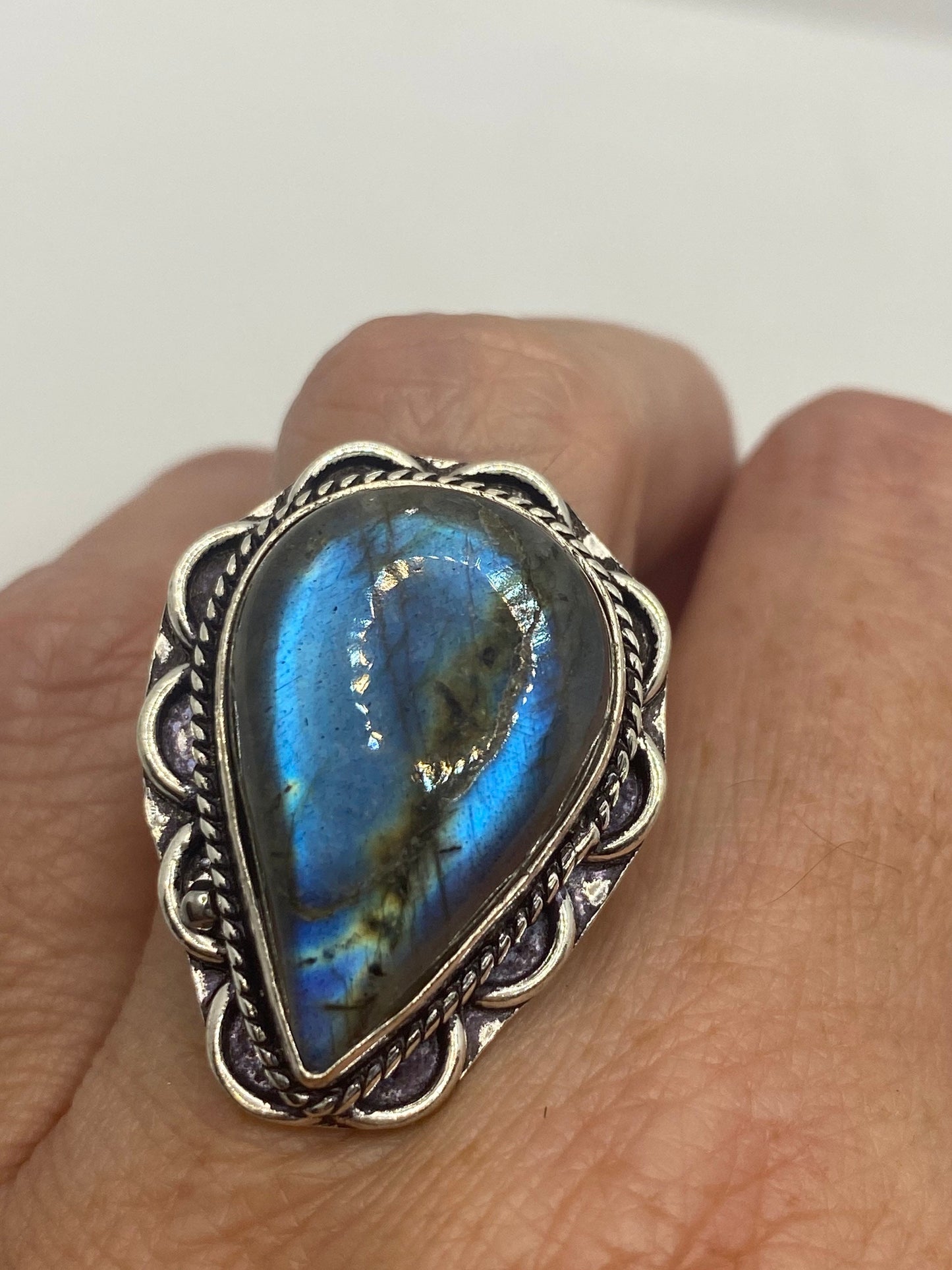 Vintage Green Rainbow Labradorite Silver Statement Ring