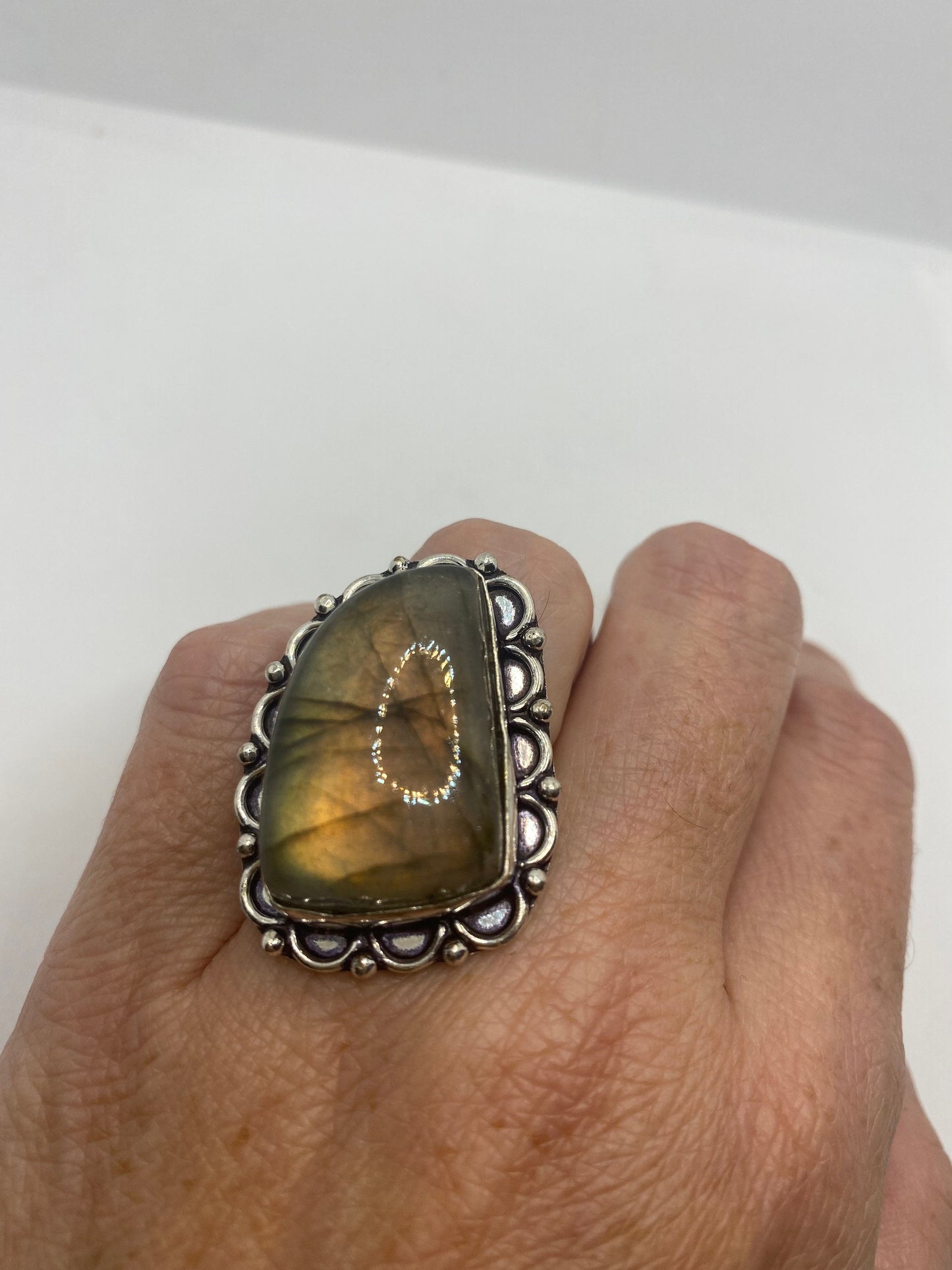 Vintage Green Rainbow Labradorite Silver Statement Ring