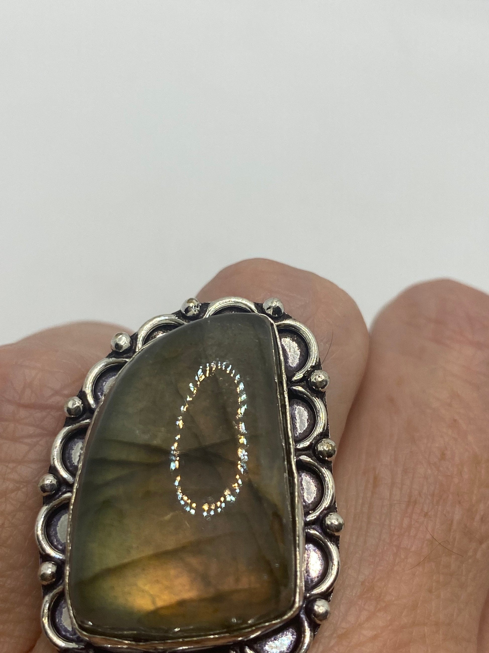 Vintage Green Rainbow Labradorite Silver Statement Ring