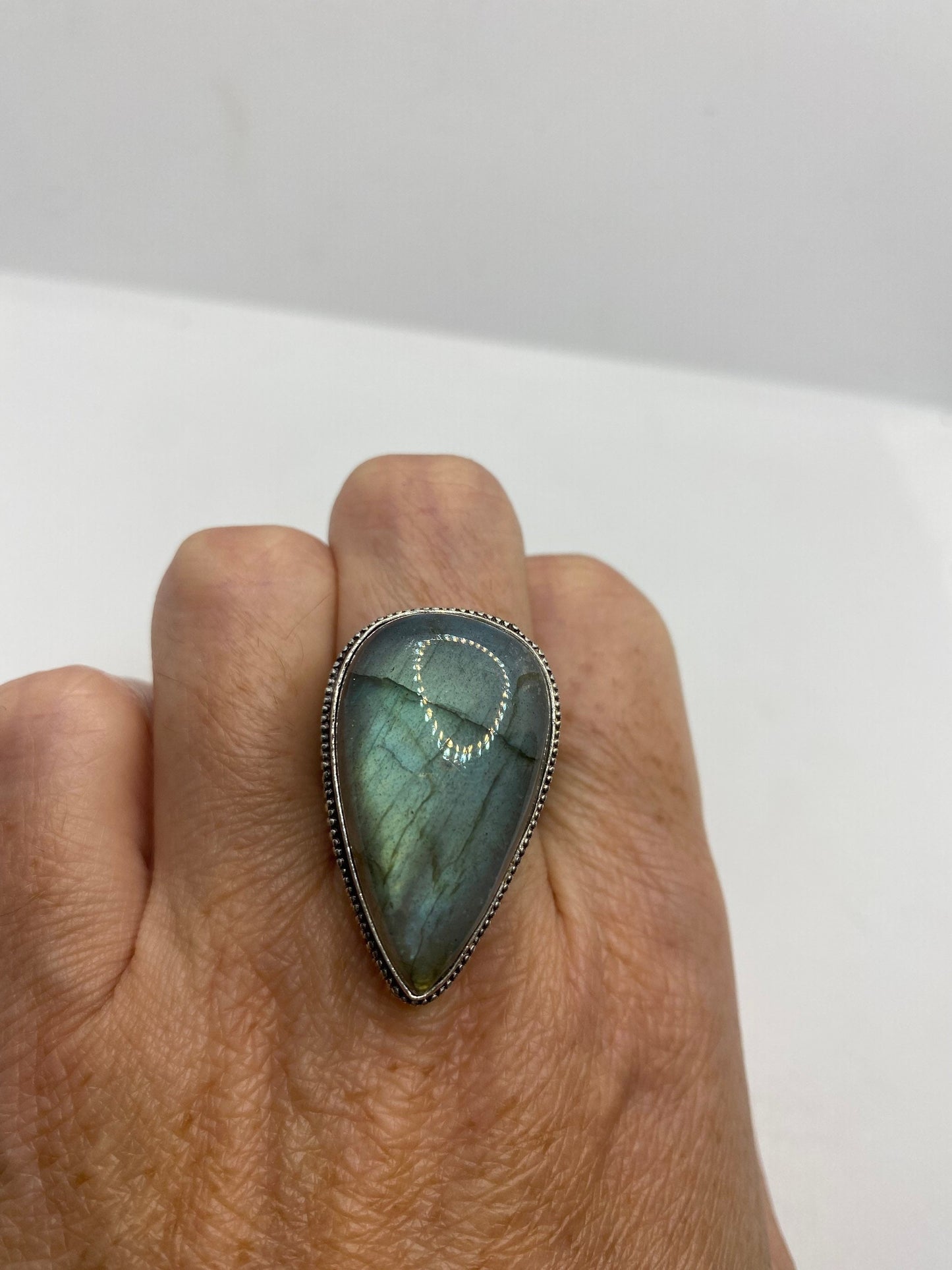 Vintage Green Rainbow Labradorite Silver Statement Ring