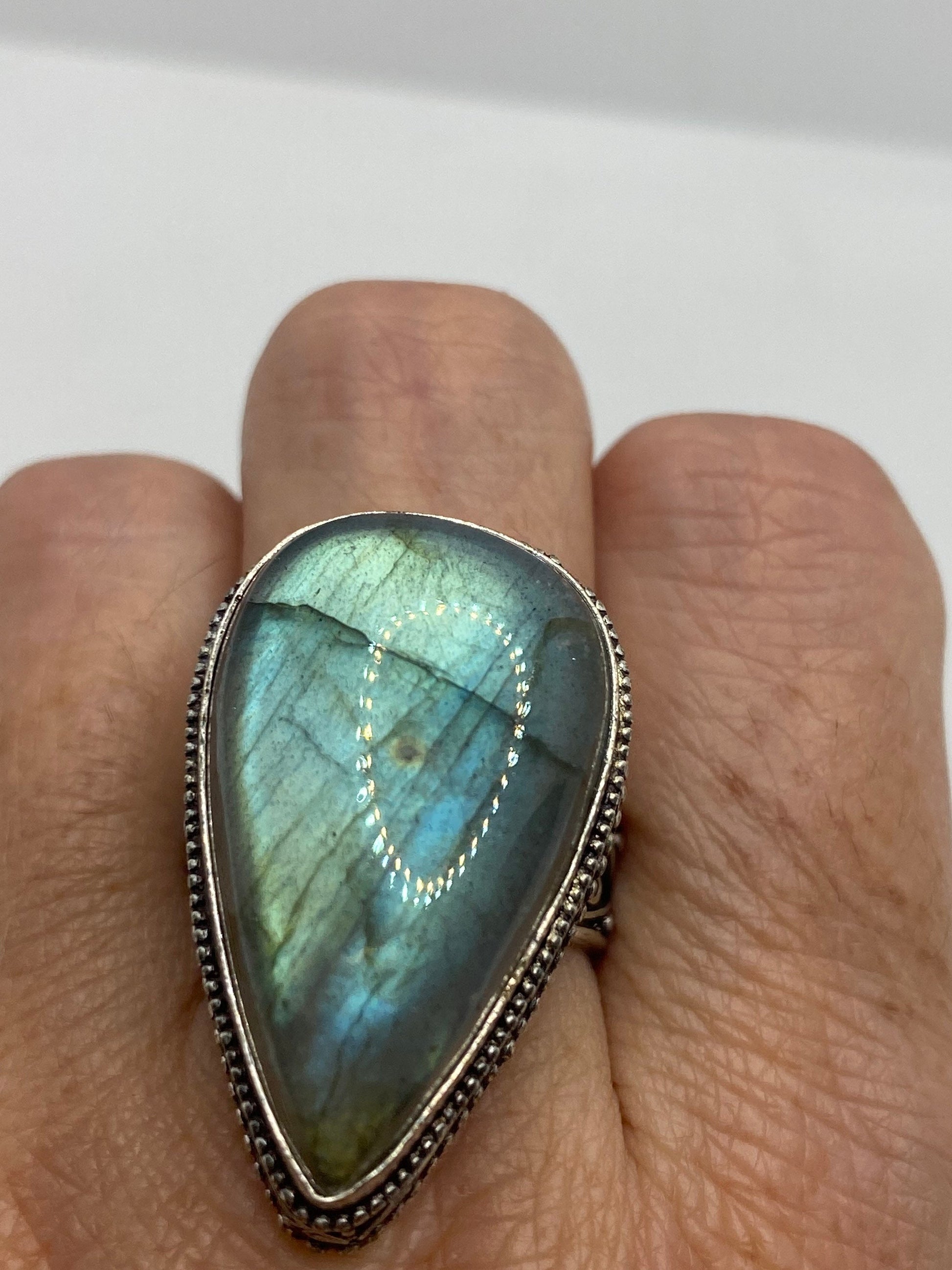 Vintage Green Rainbow Labradorite Silver Statement Ring