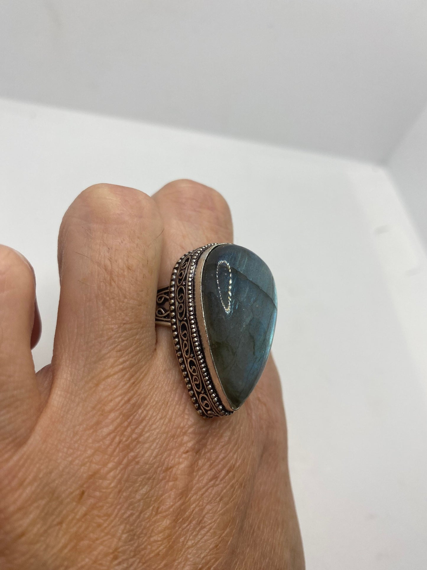 Vintage Green Rainbow Labradorite Silver Statement Ring