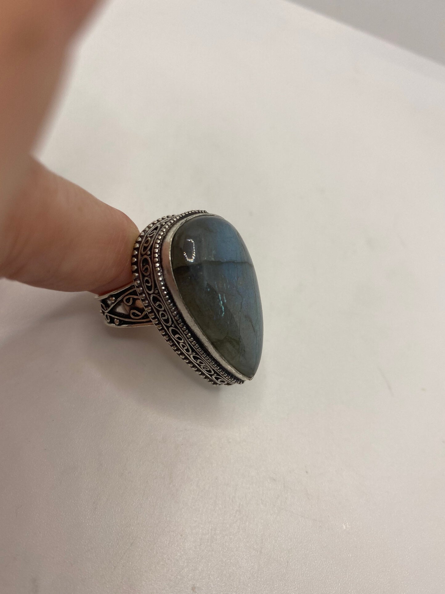 Vintage Green Rainbow Labradorite Silver Statement Ring