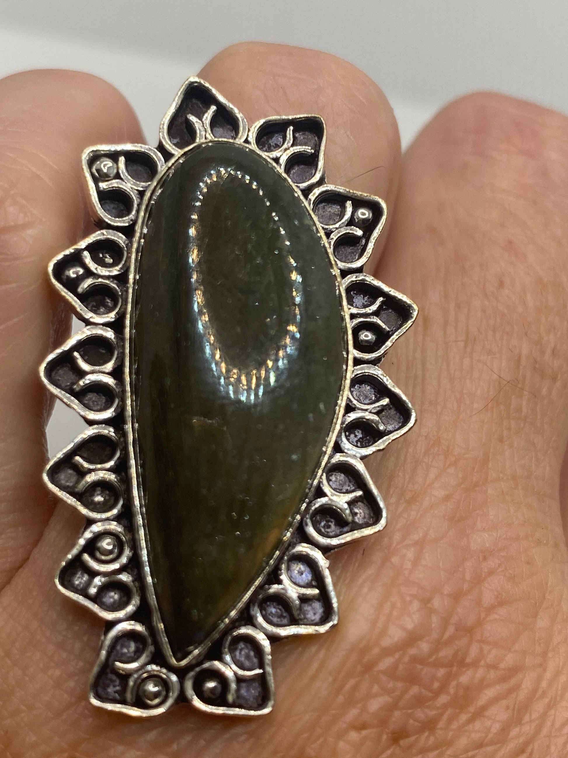 Vintage Green Rainbow Labradorite Silver Statement Ring