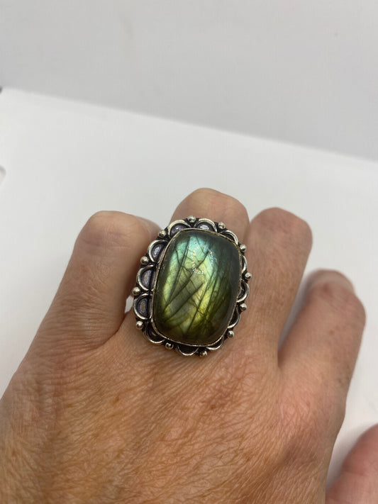 Vintage Green Rainbow Labradorite Silver Statement Ring