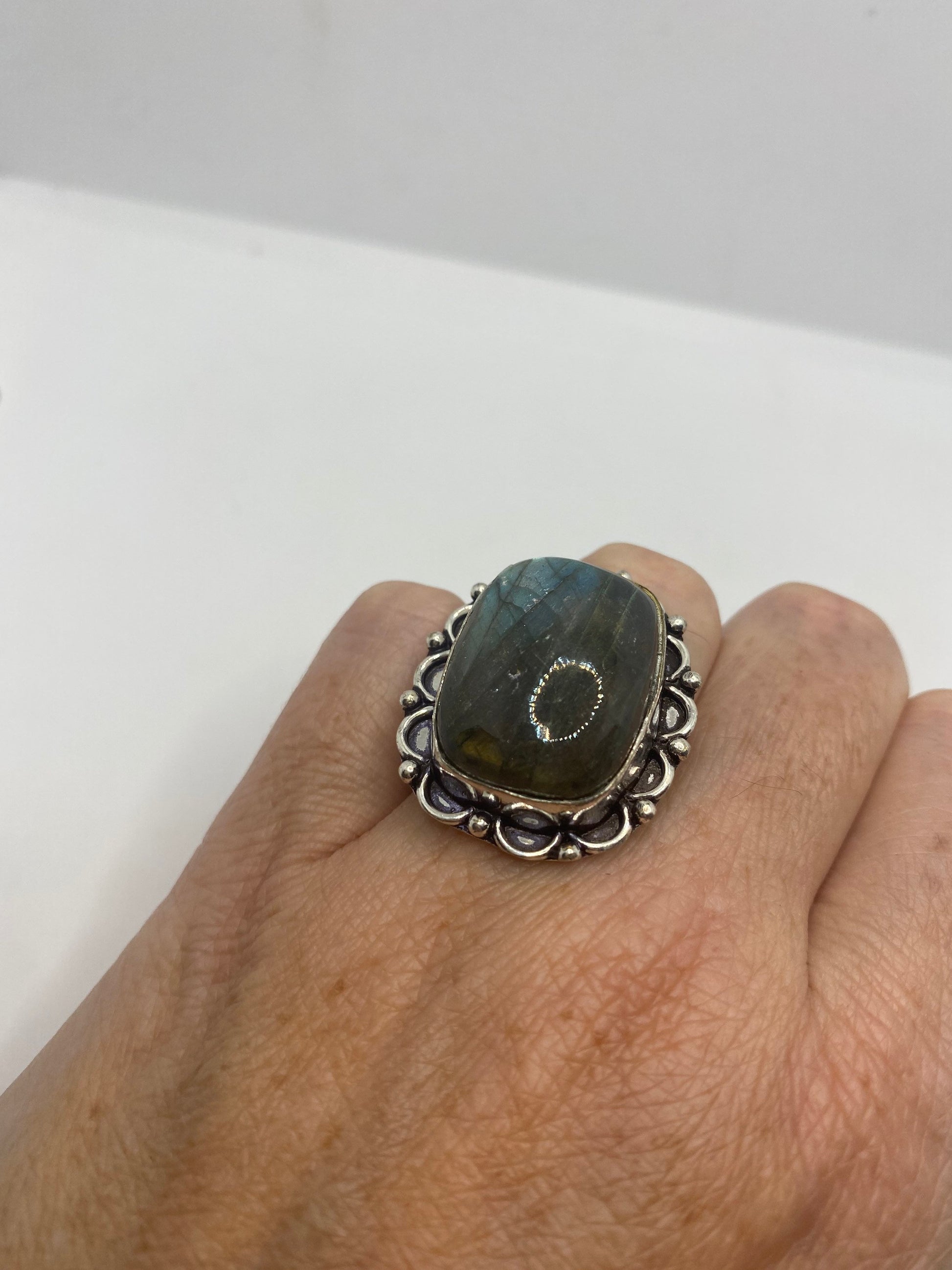 Vintage Green Rainbow Labradorite Silver Statement Ring