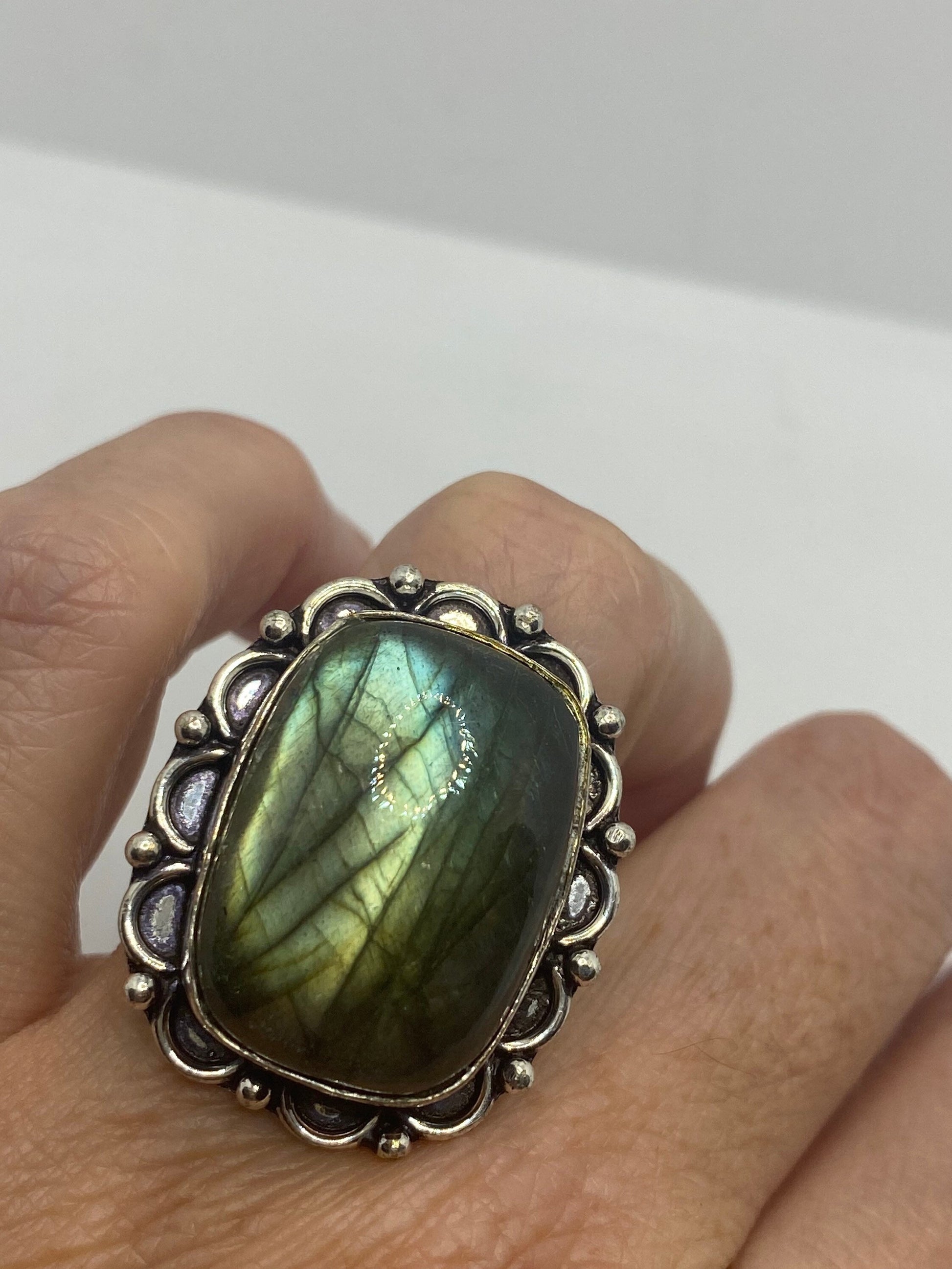 Vintage Green Rainbow Labradorite Silver Statement Ring