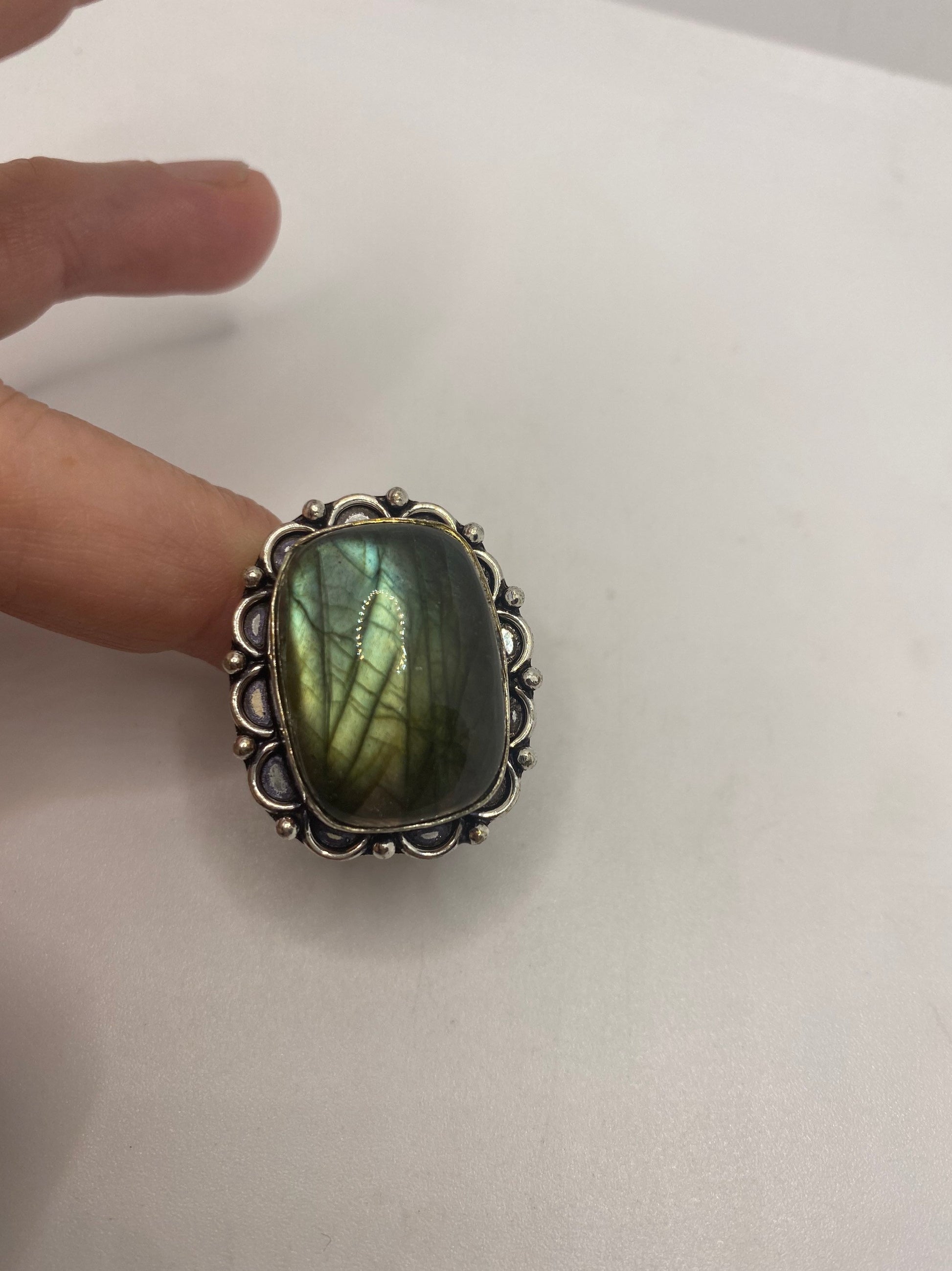 Vintage Green Rainbow Labradorite Silver Statement Ring