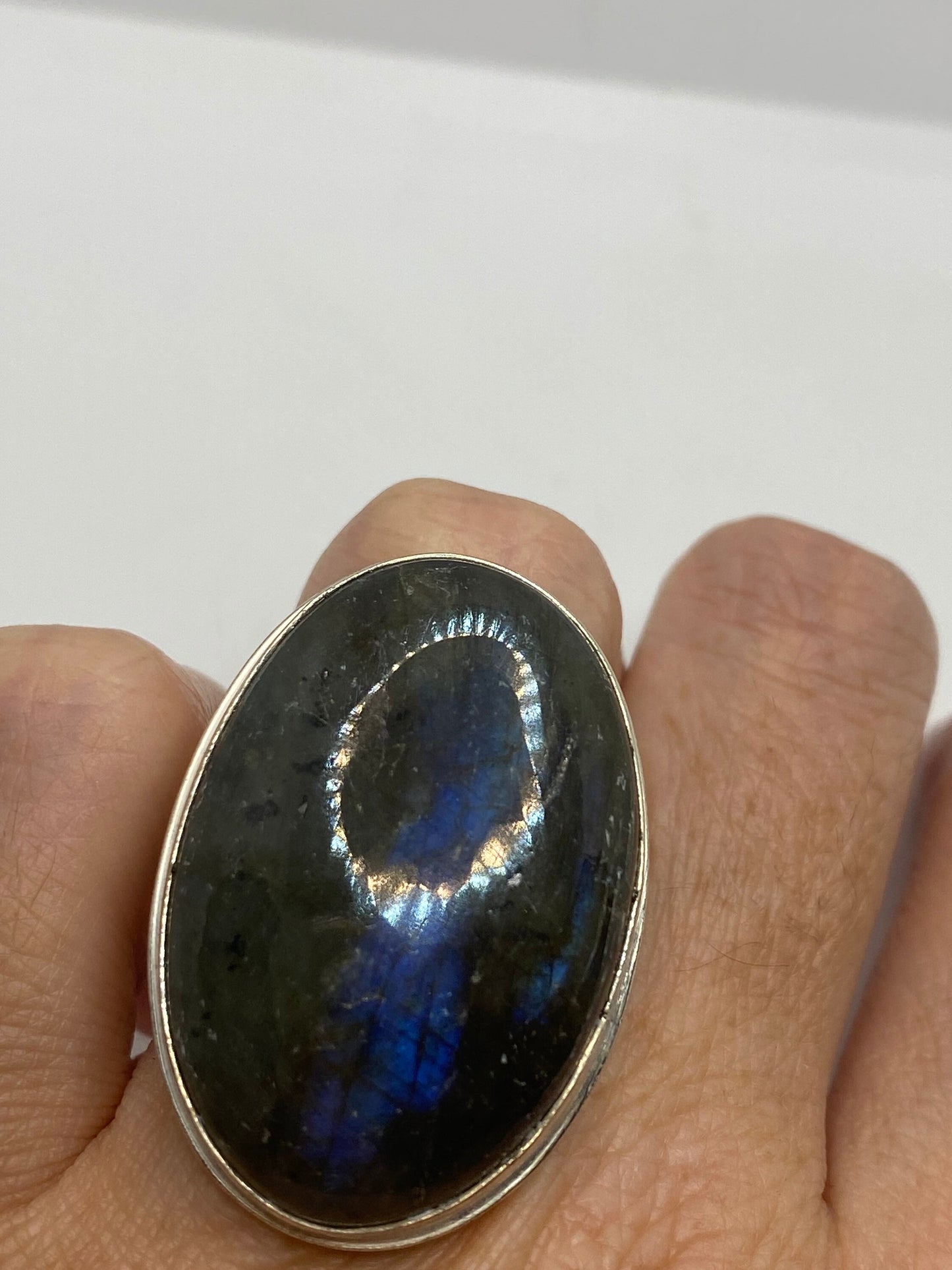 Vintage Green Rainbow Labradorite Silver Statement Ring