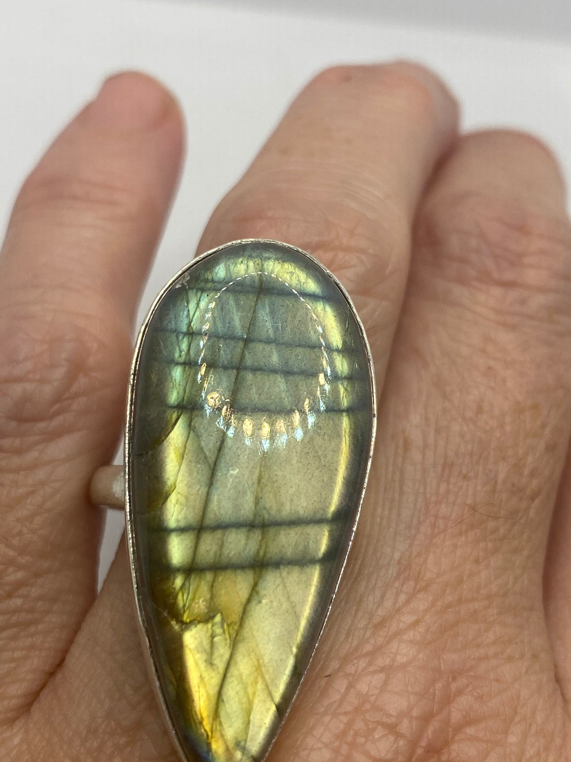 Vintage Green Rainbow Labradorite Silver Statement Ring