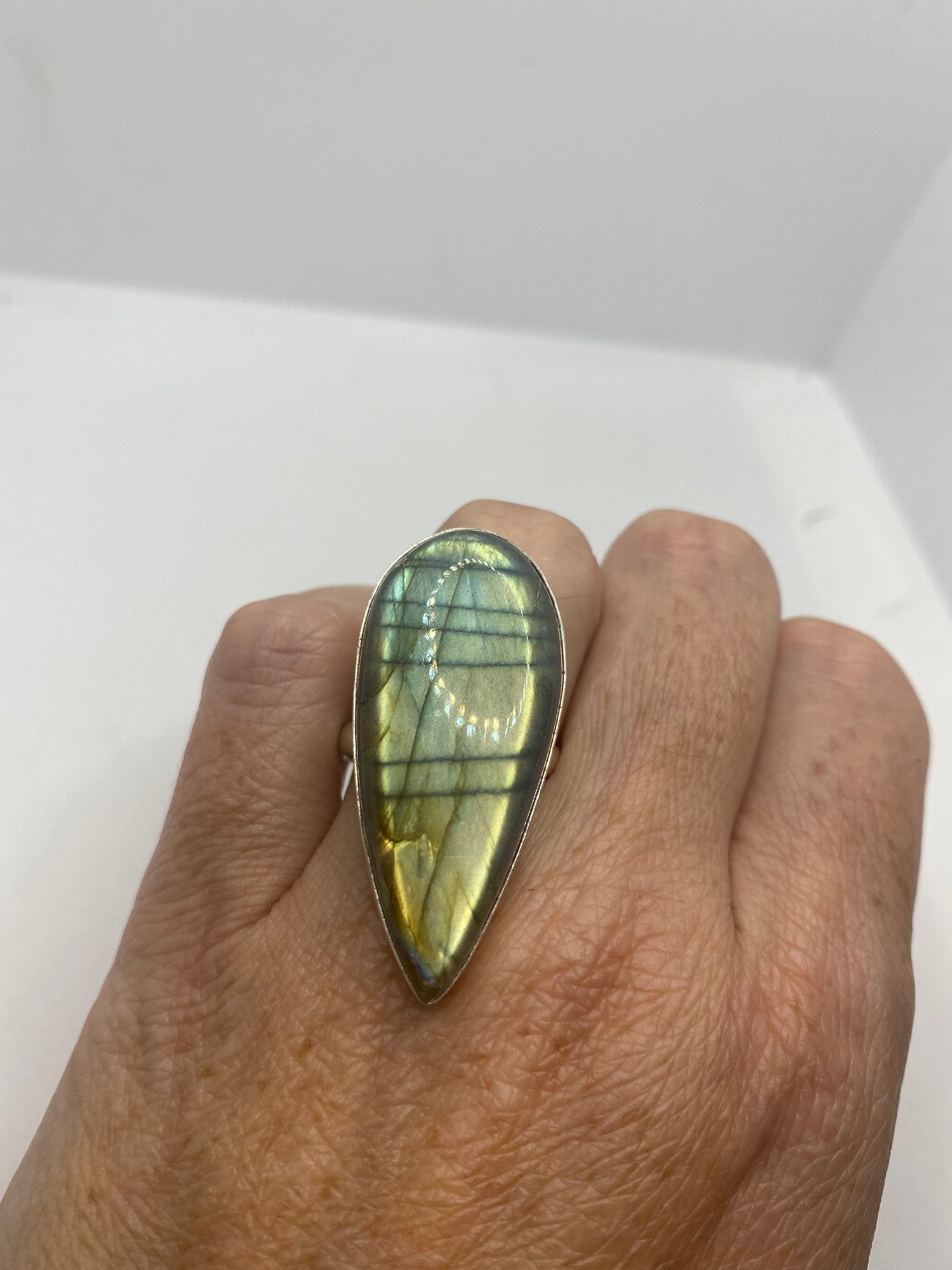 Vintage Green Rainbow Labradorite Silver Statement Ring