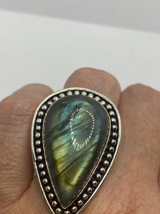 Vintage Green Rainbow Labradorite Silver Statement Ring