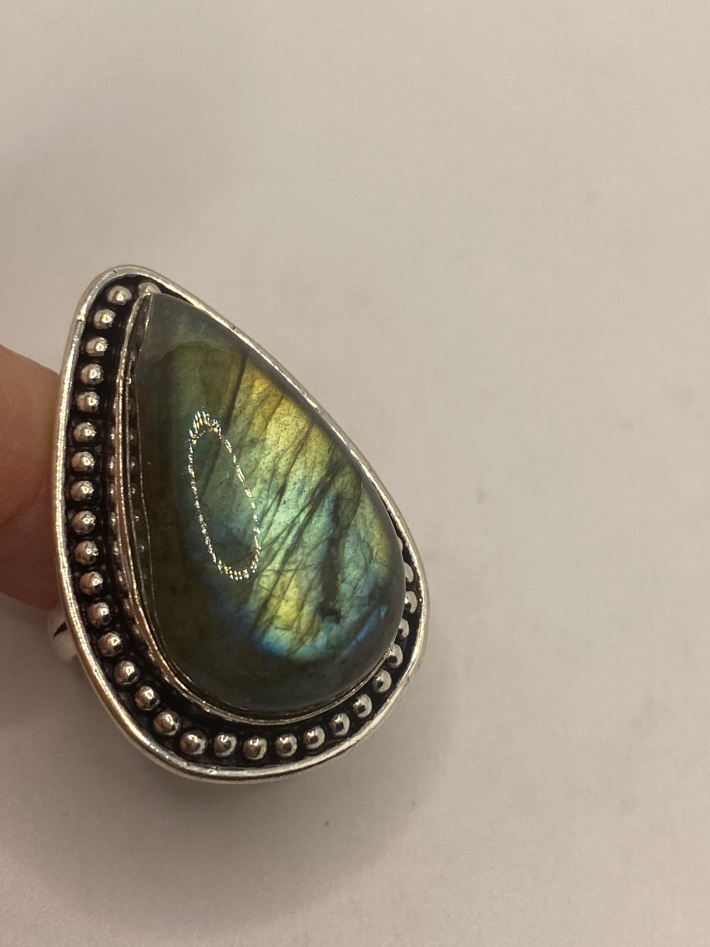 Vintage Green Rainbow Labradorite Silver Statement Ring