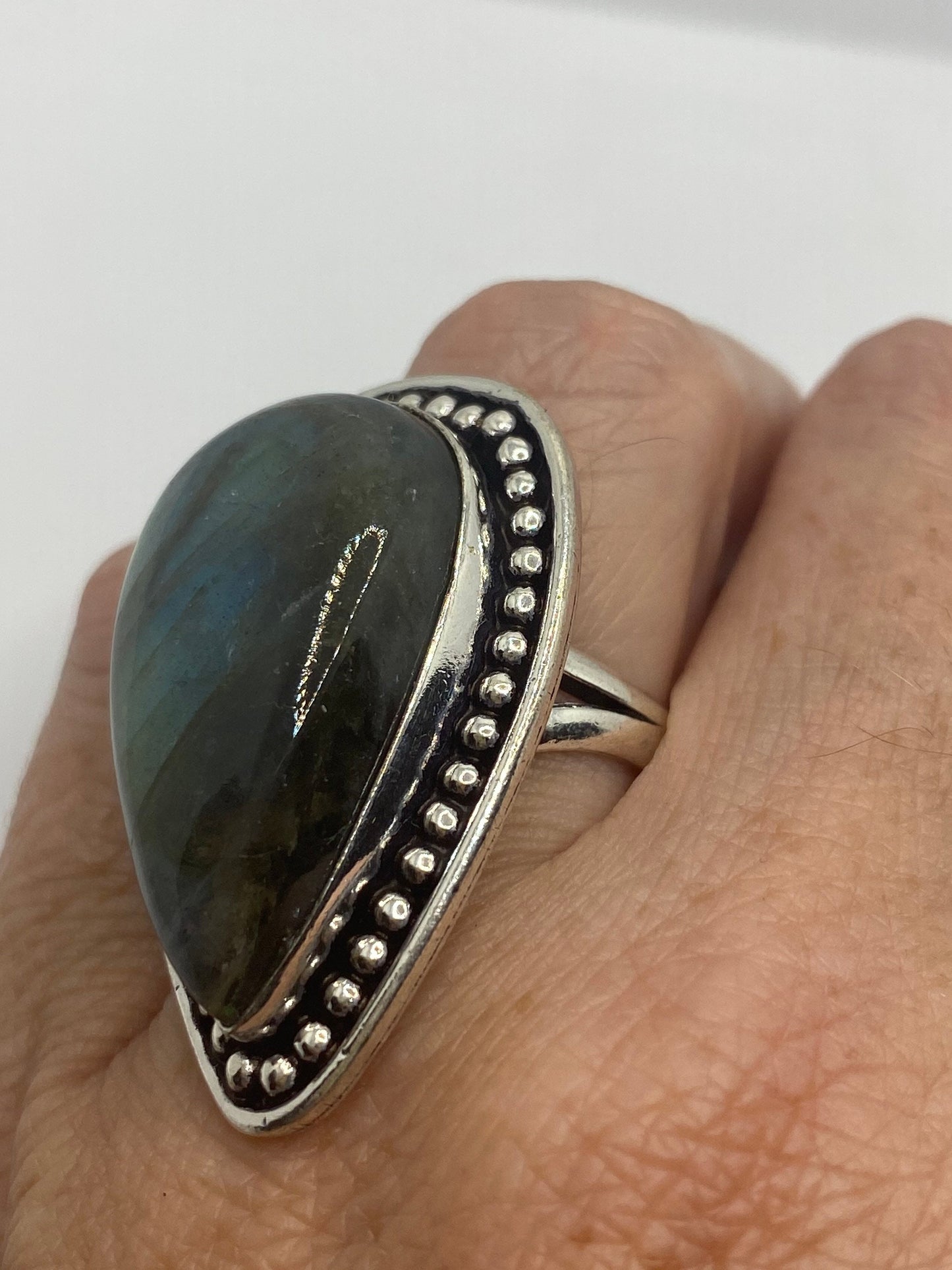 Vintage Green Rainbow Labradorite Silver Statement Ring