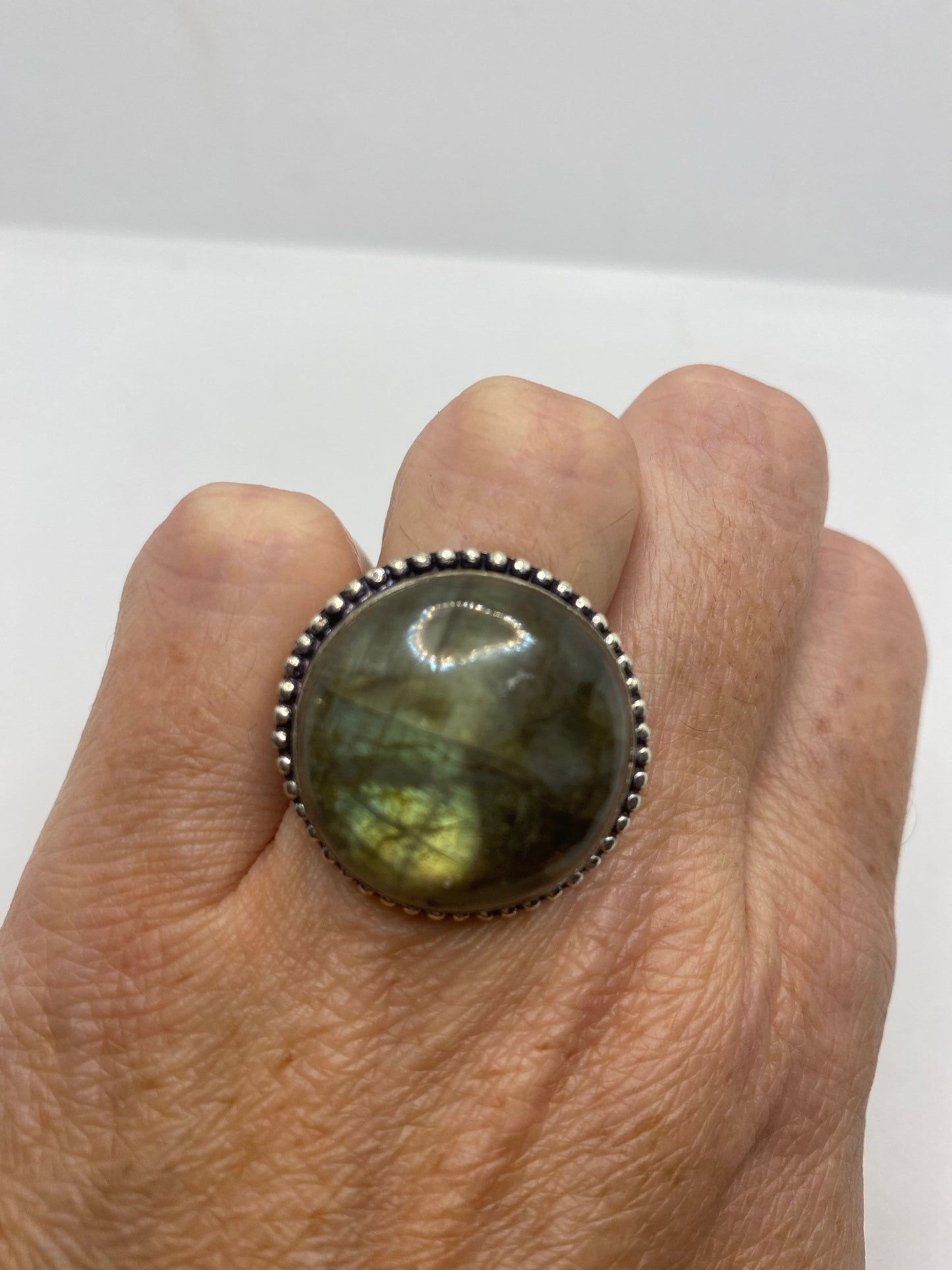 Vintage Green Rainbow Labradorite Silver Statement Ring