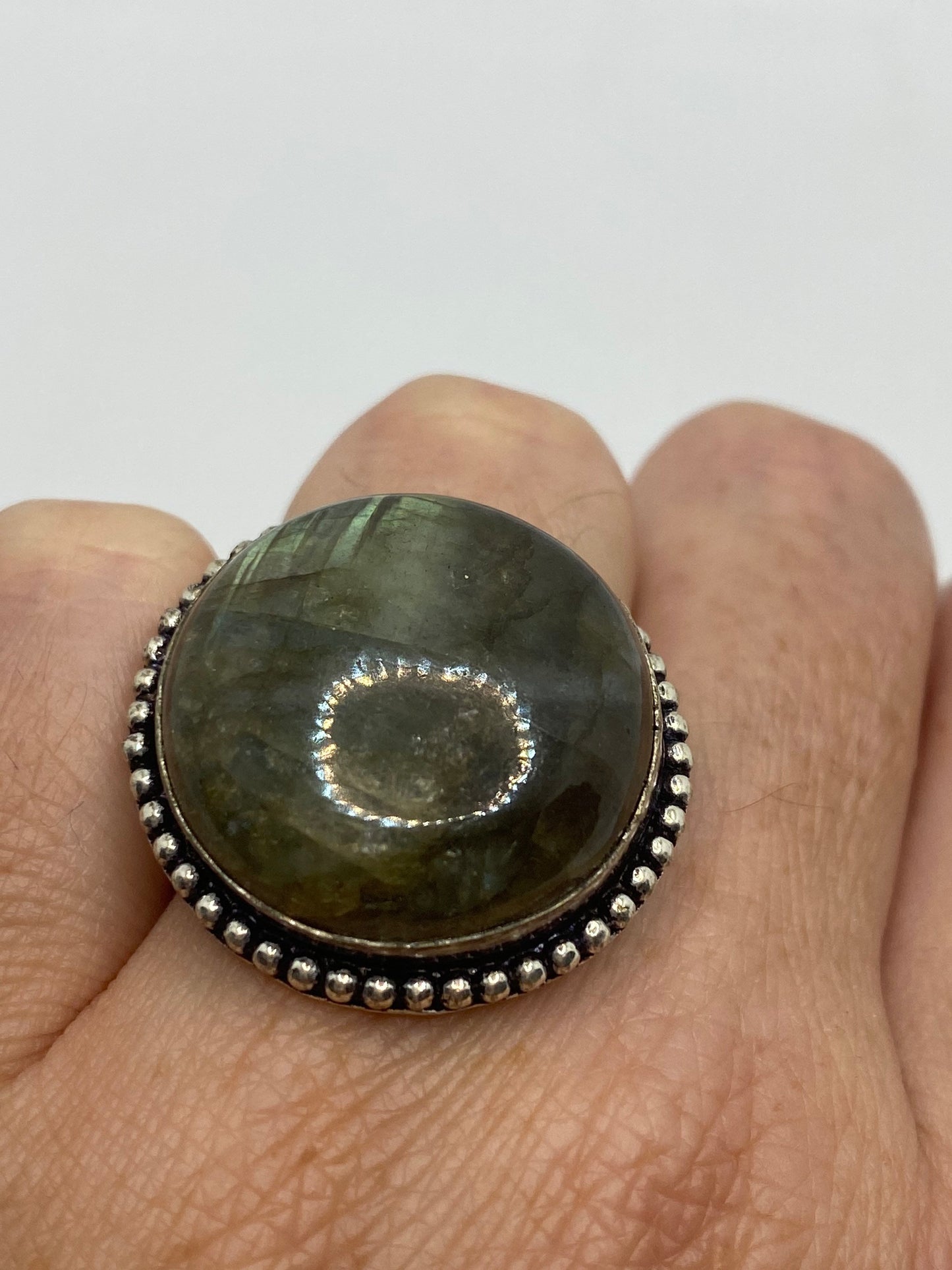 Vintage Green Rainbow Labradorite Silver Statement Ring