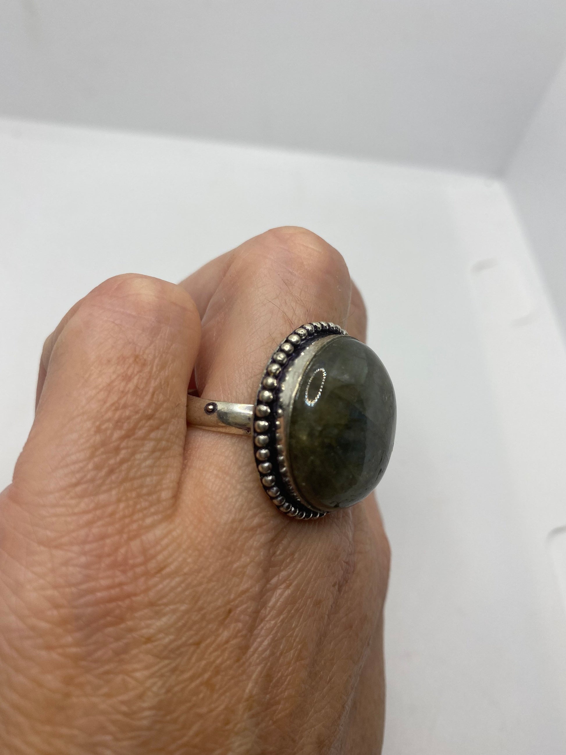 Vintage Green Rainbow Labradorite Silver Statement Ring