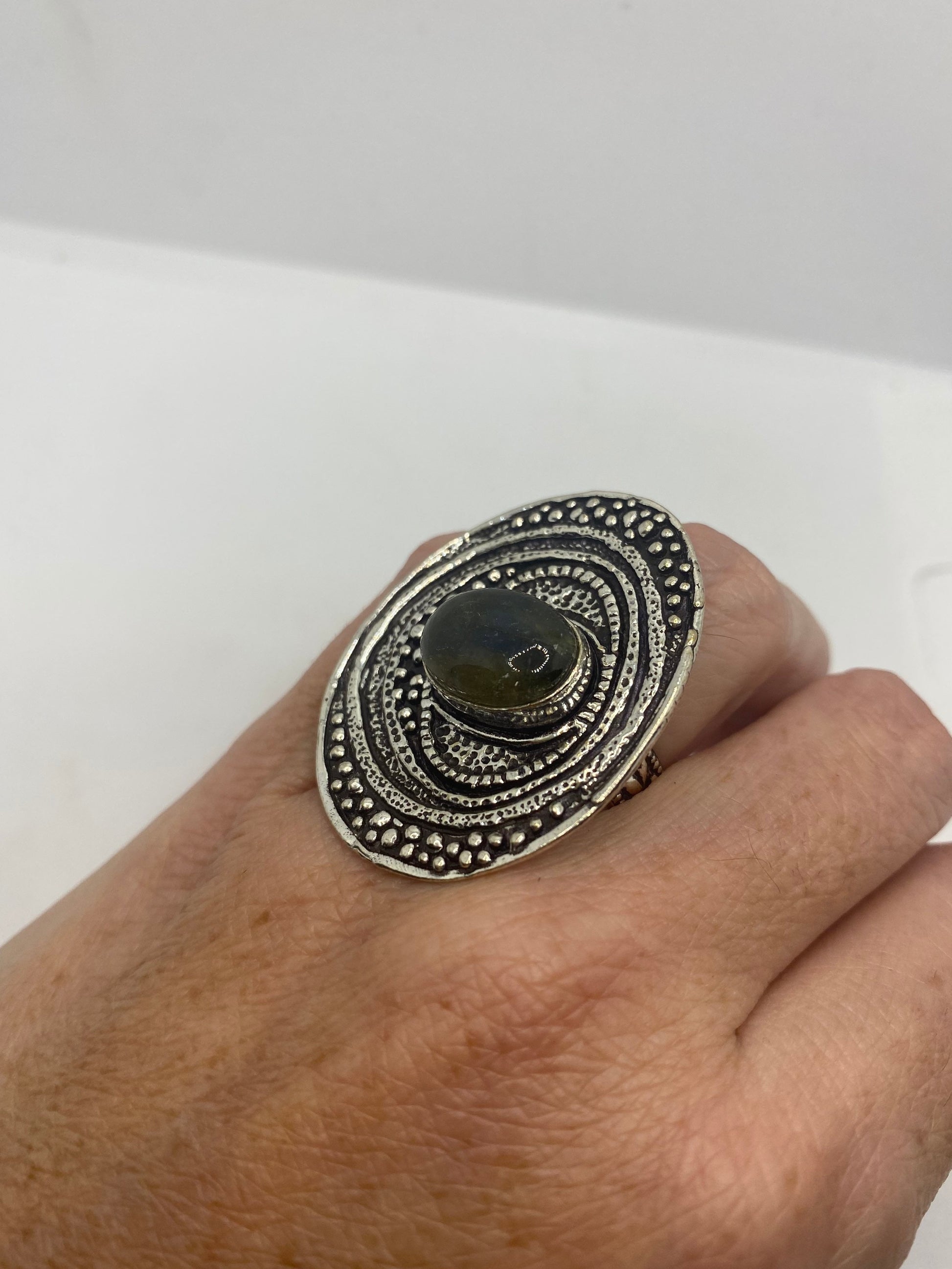 Vintage Green Rainbow Labradorite Silver Statement Ring