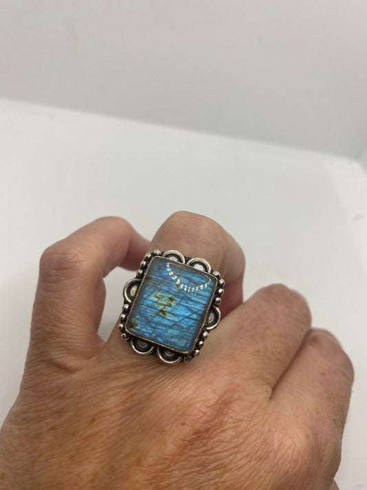Vintage Blue Rainbow Labradorite Silver Statement Ring
