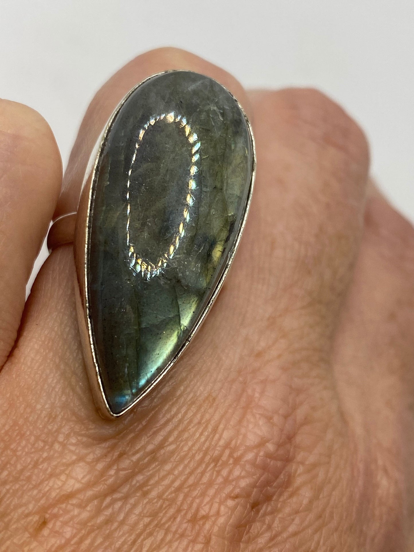 Vintage Green Rainbow Labradorite Silver Statement Ring