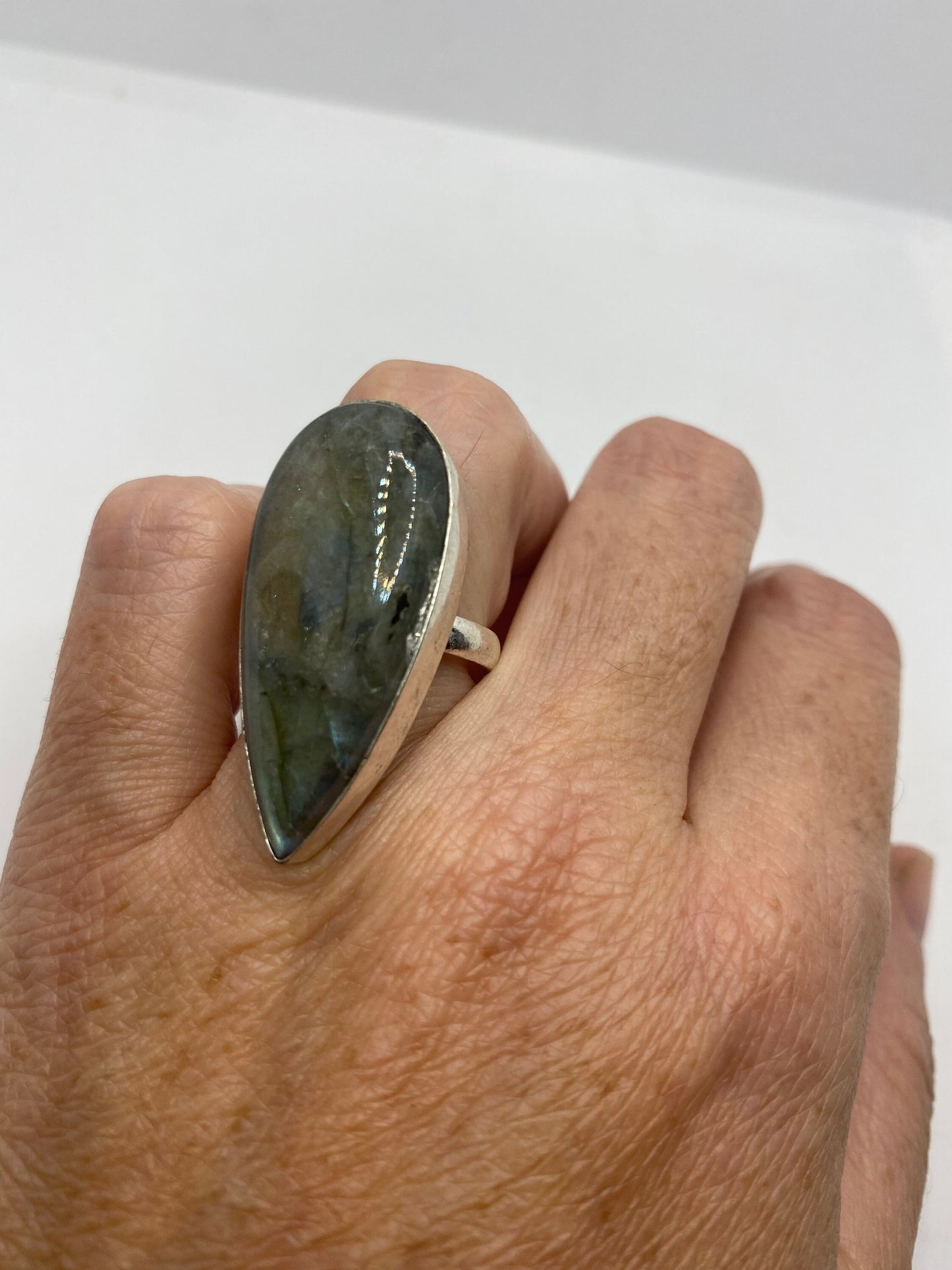 Vintage Green Rainbow Labradorite Silver Statement Ring